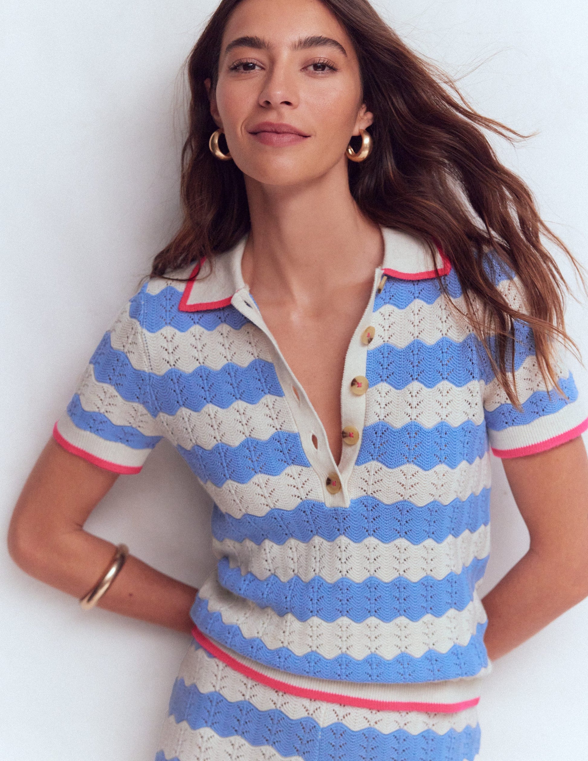 Henley-T-Shirt aus Pointelle-Blau, Weiß-2