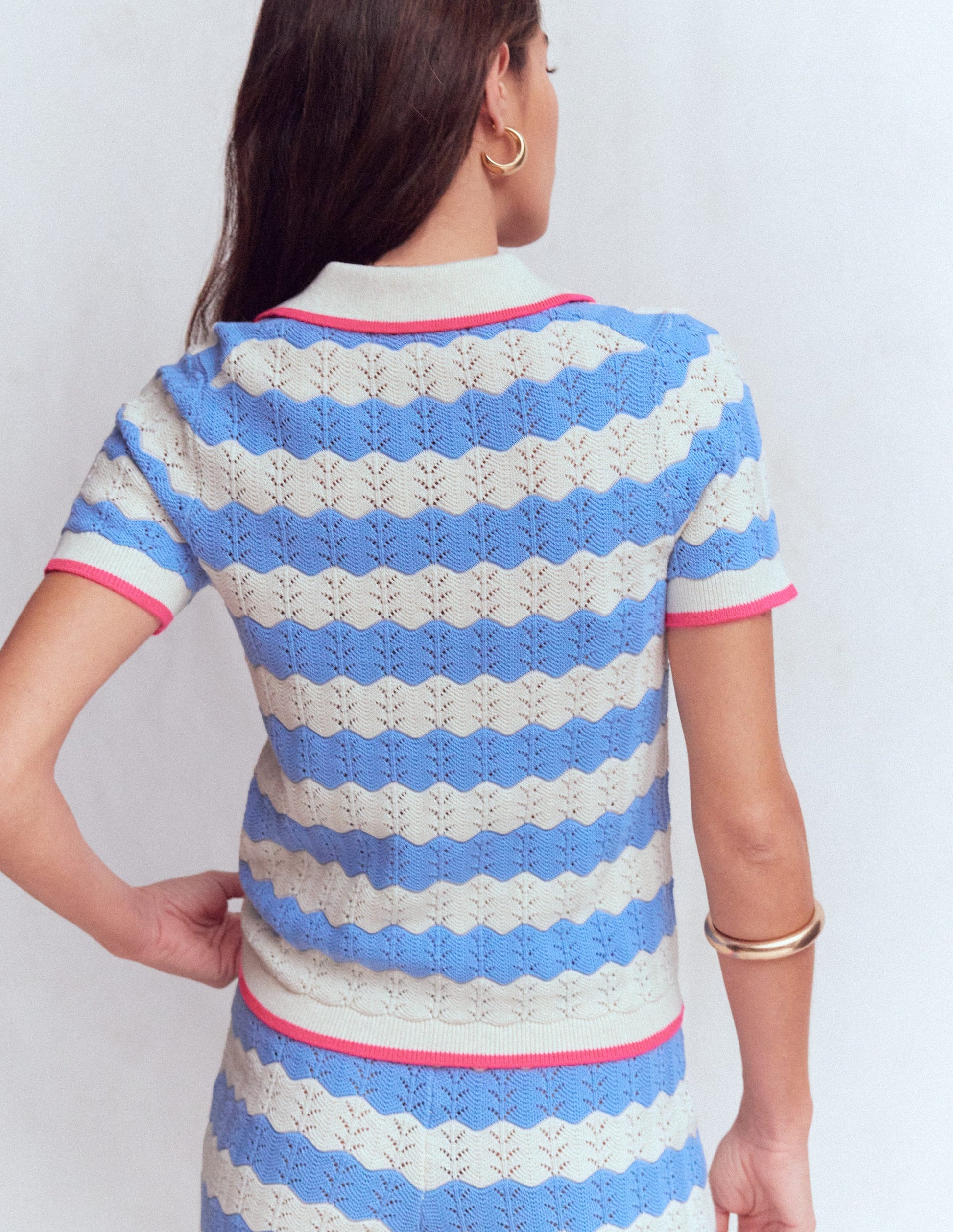 Henley-T-Shirt aus Pointelle-Blau, Weiß-4