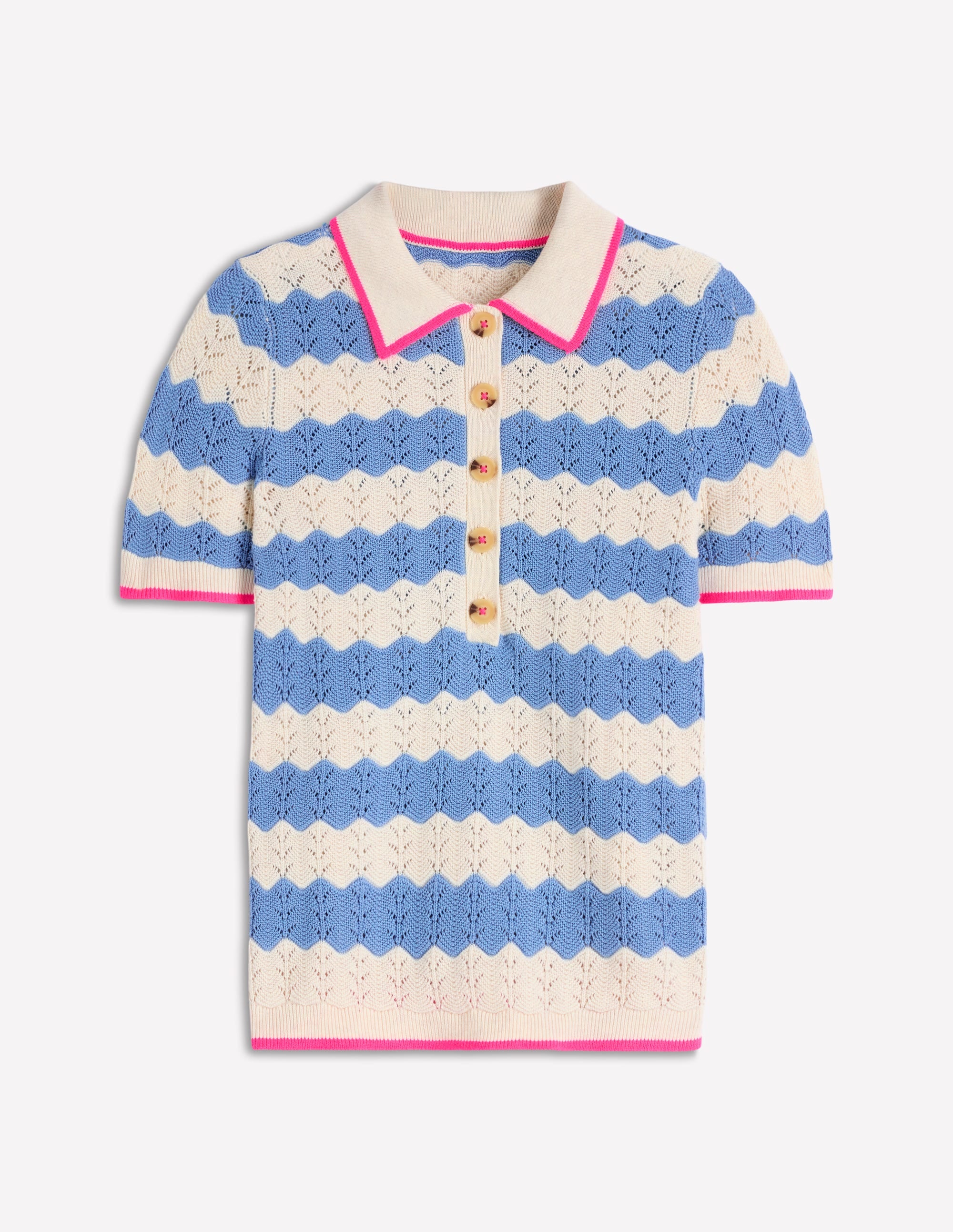 Henley-T-Shirt aus Pointelle-Blau, Weiß - Image 6