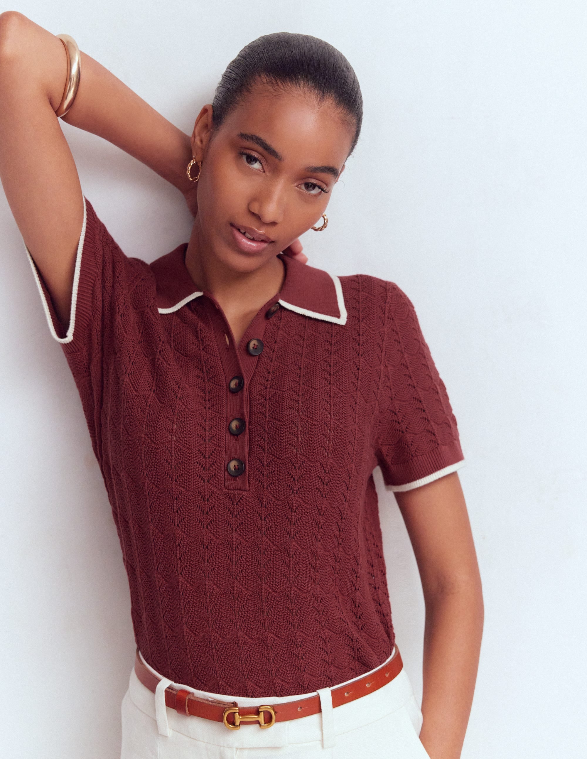 Henley-T-Shirt aus Pointelle-Sattes Kastanienbraun - Image 4