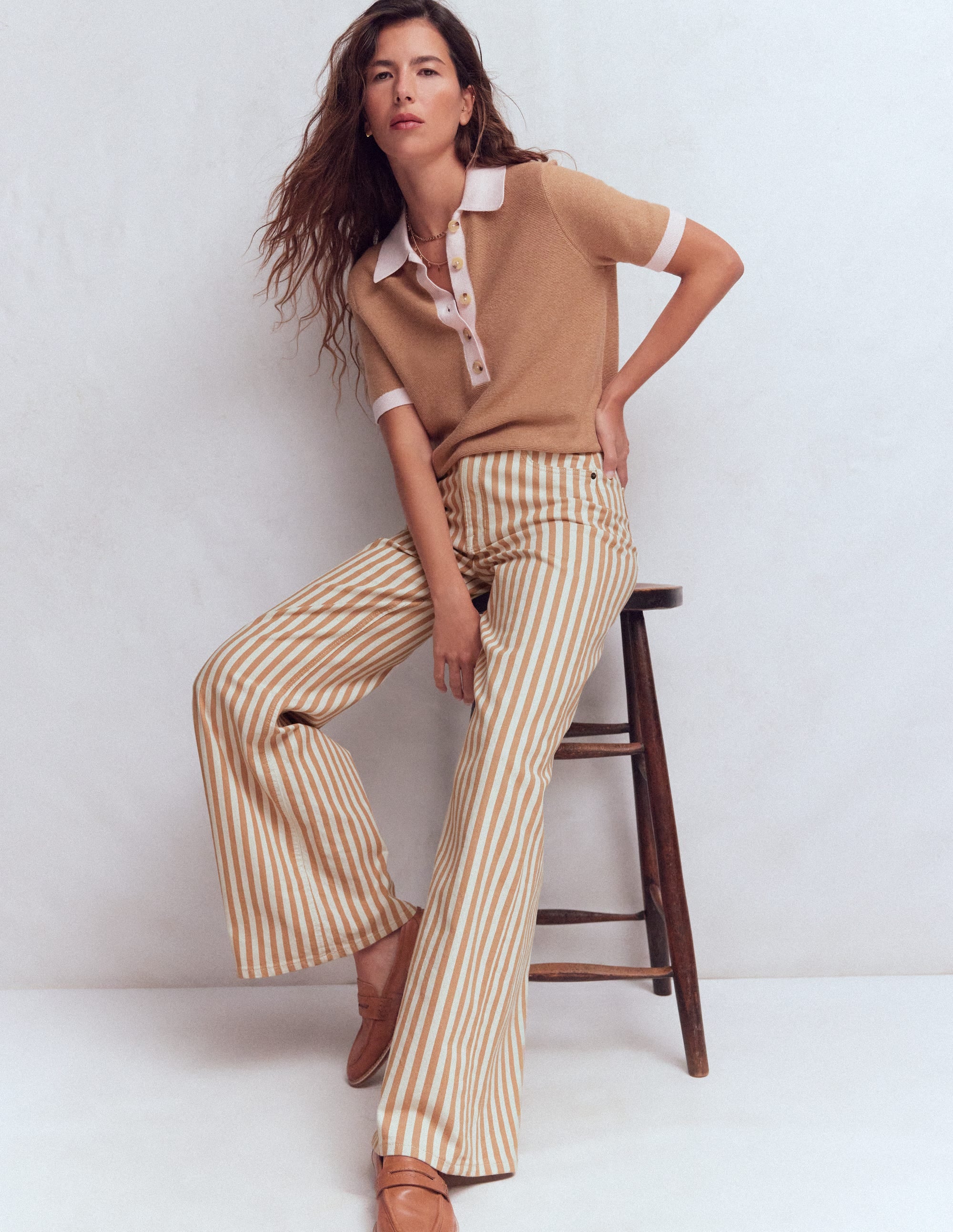 Jean large taille haute-Rayé fauve écru - Image 1