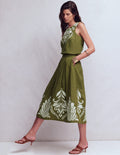 Jupe midi Verity en lin-Broderie vert des bois