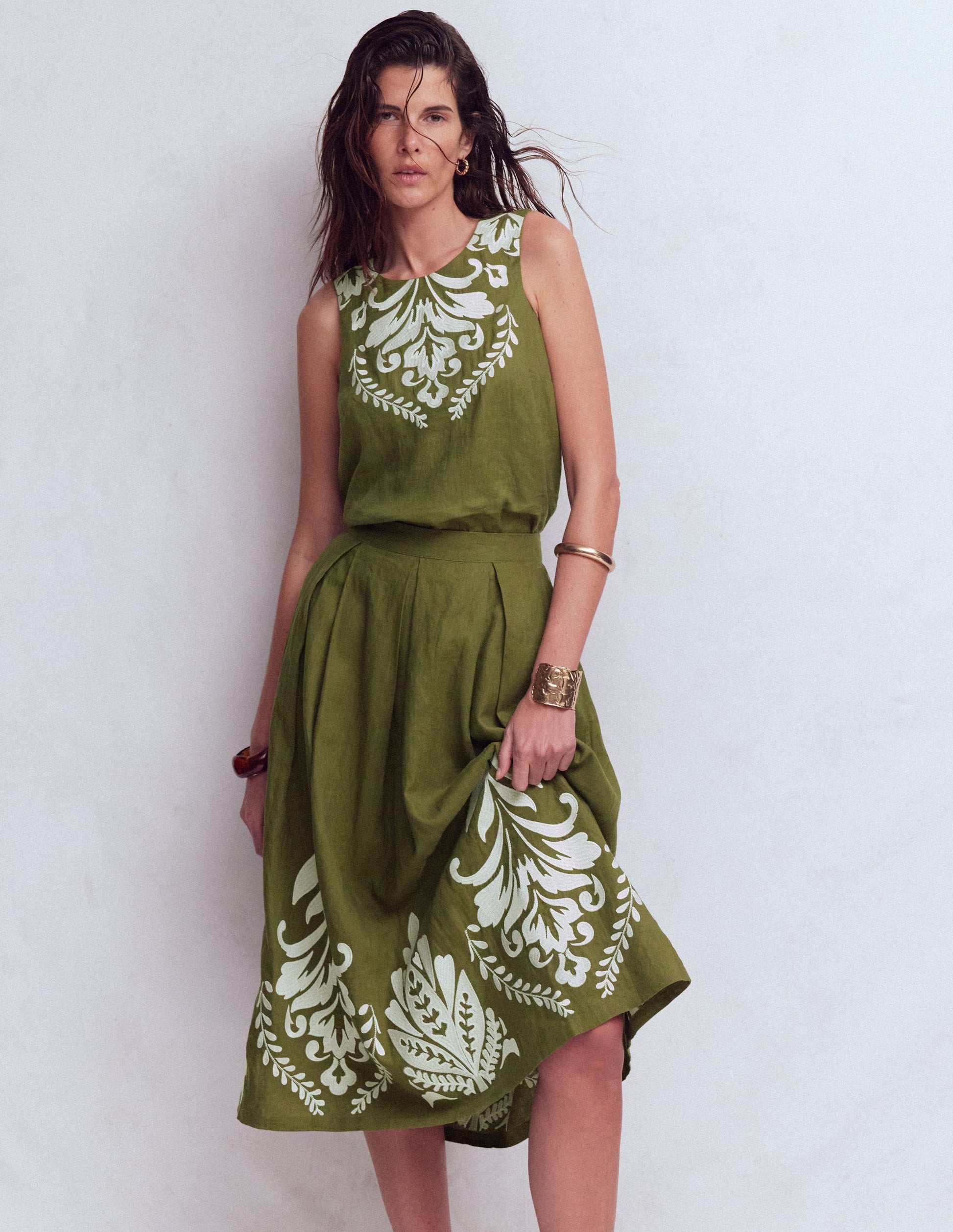 Verity Leinen-Midirock-Waldgrün Stickerei-5