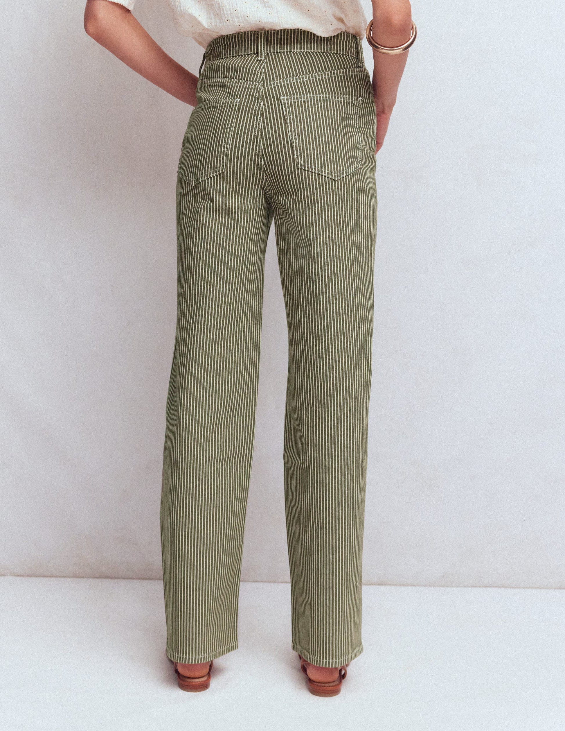 Jeans mit hohem Bund und geradem, weitem Bein-Olivgrün Beige Streifen-3