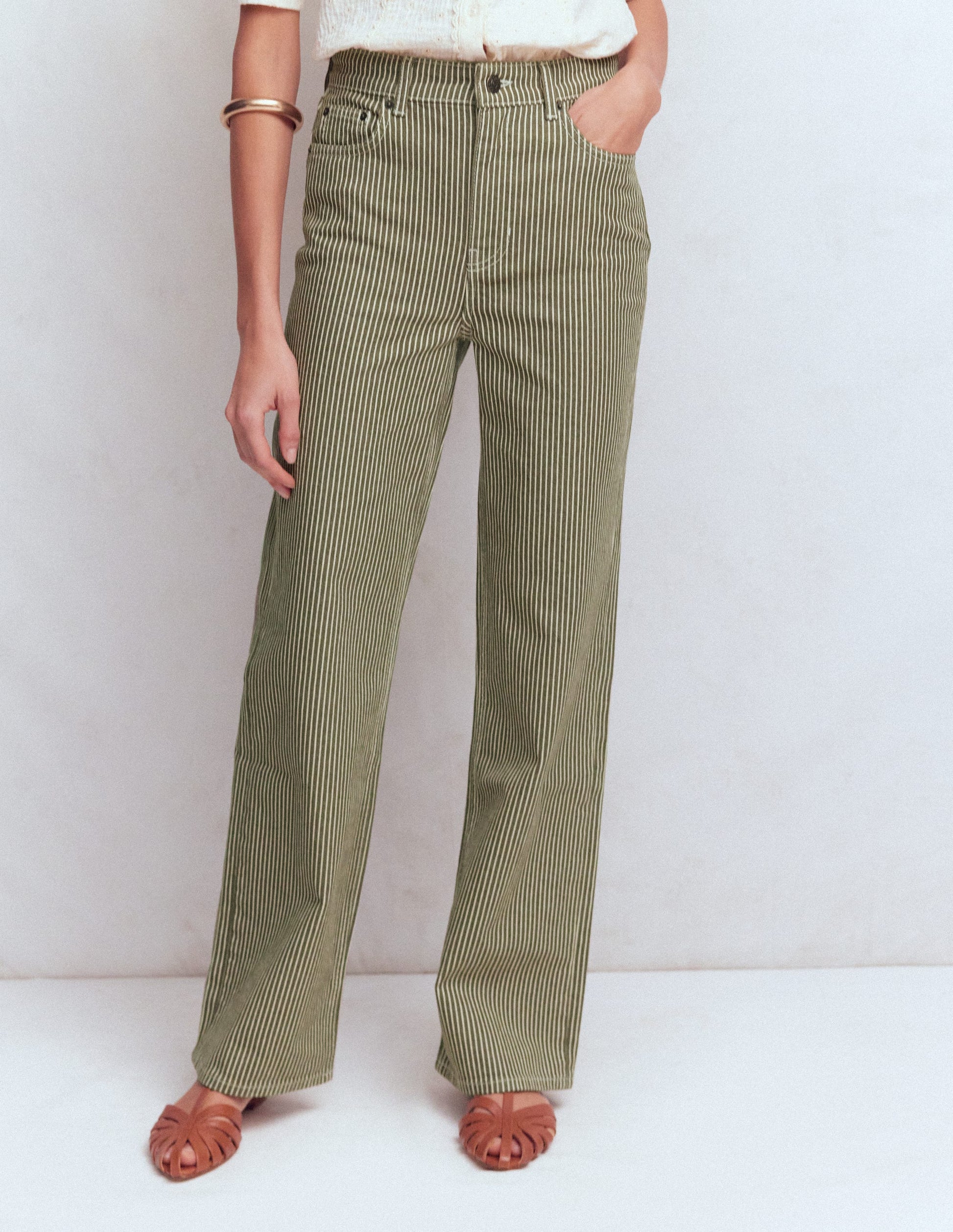 Jeans mit hohem Bund und geradem, weitem Bein-Olivgrün Beige Streifen-4