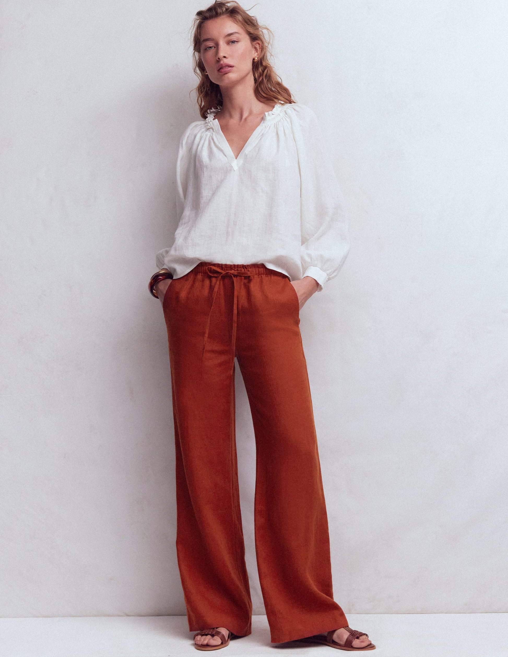Pantalon Islington en lin-Orange brûlé-1