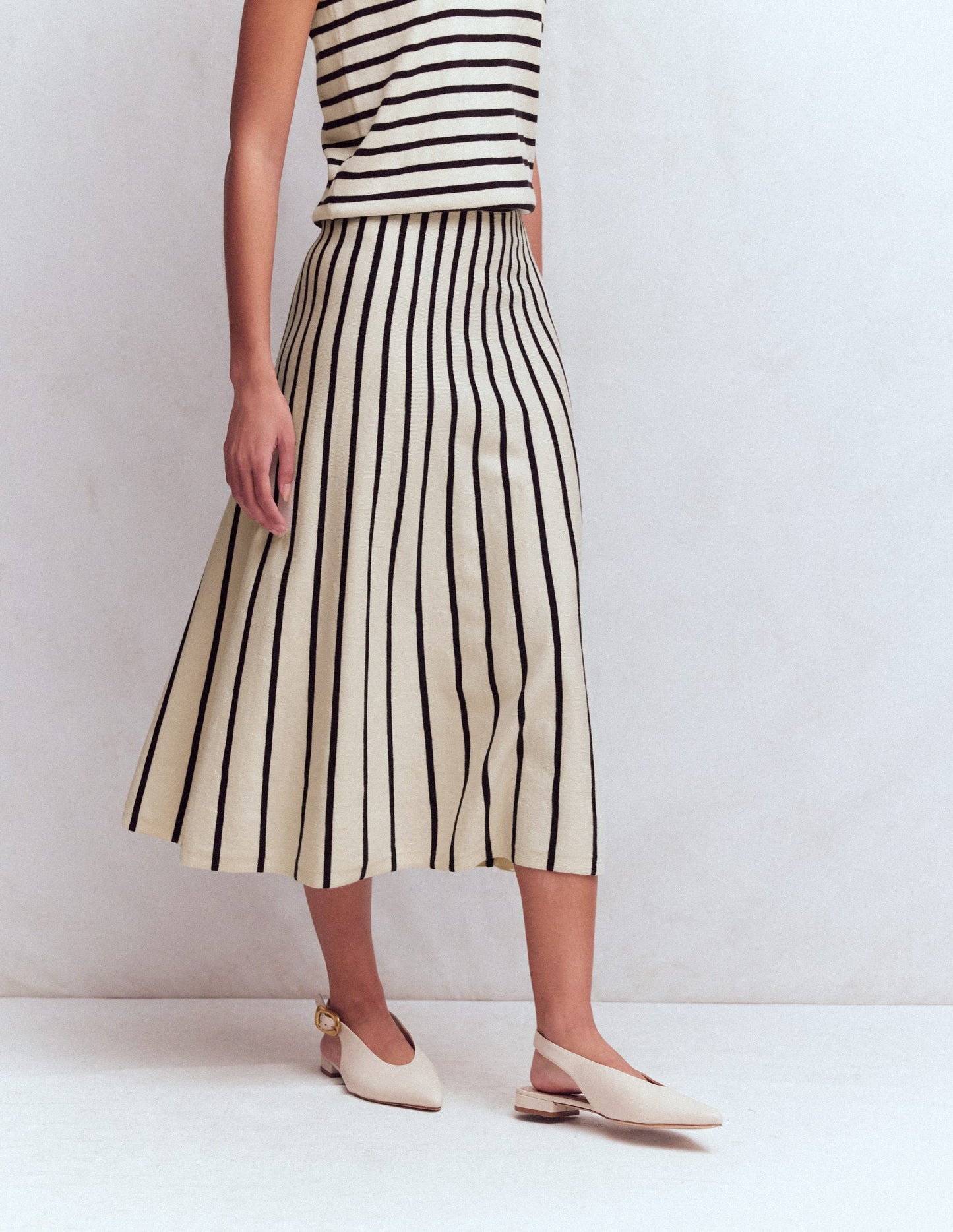 Liz Knitted Midi Skirt-Ivory, Navy