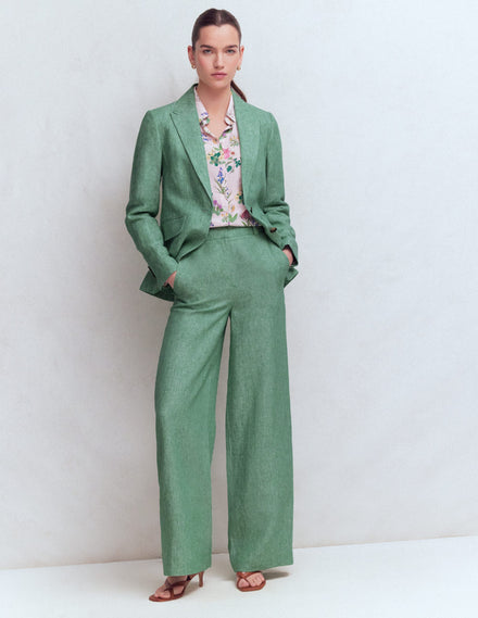 Pantalon Belgravia en lin-Chambray vert aloe vera