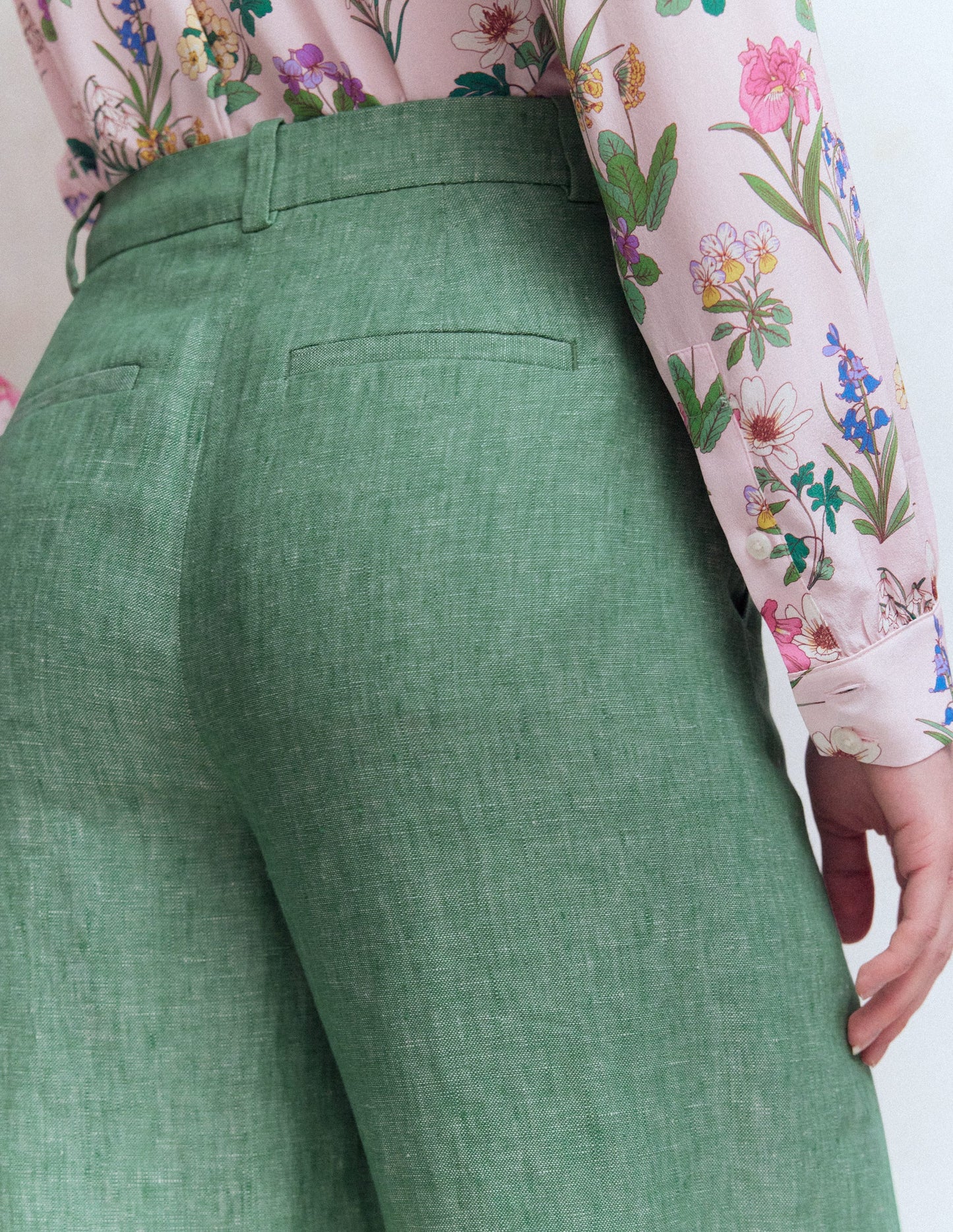 Pantalon Belgravia en lin-Chambray vert aloe vera