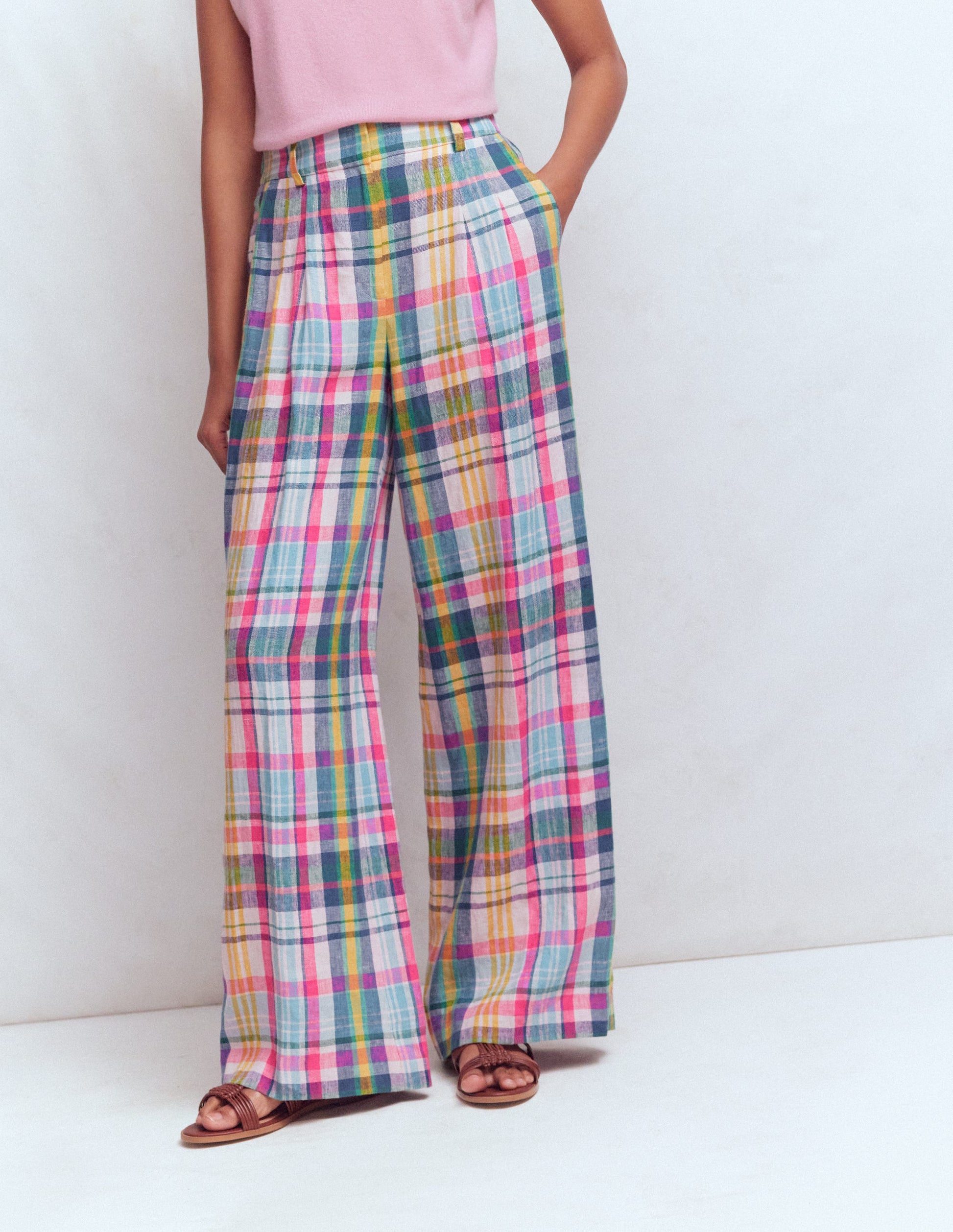 Kensington Leinenhose-Blau, Rosa und Grün Madraskaro-6