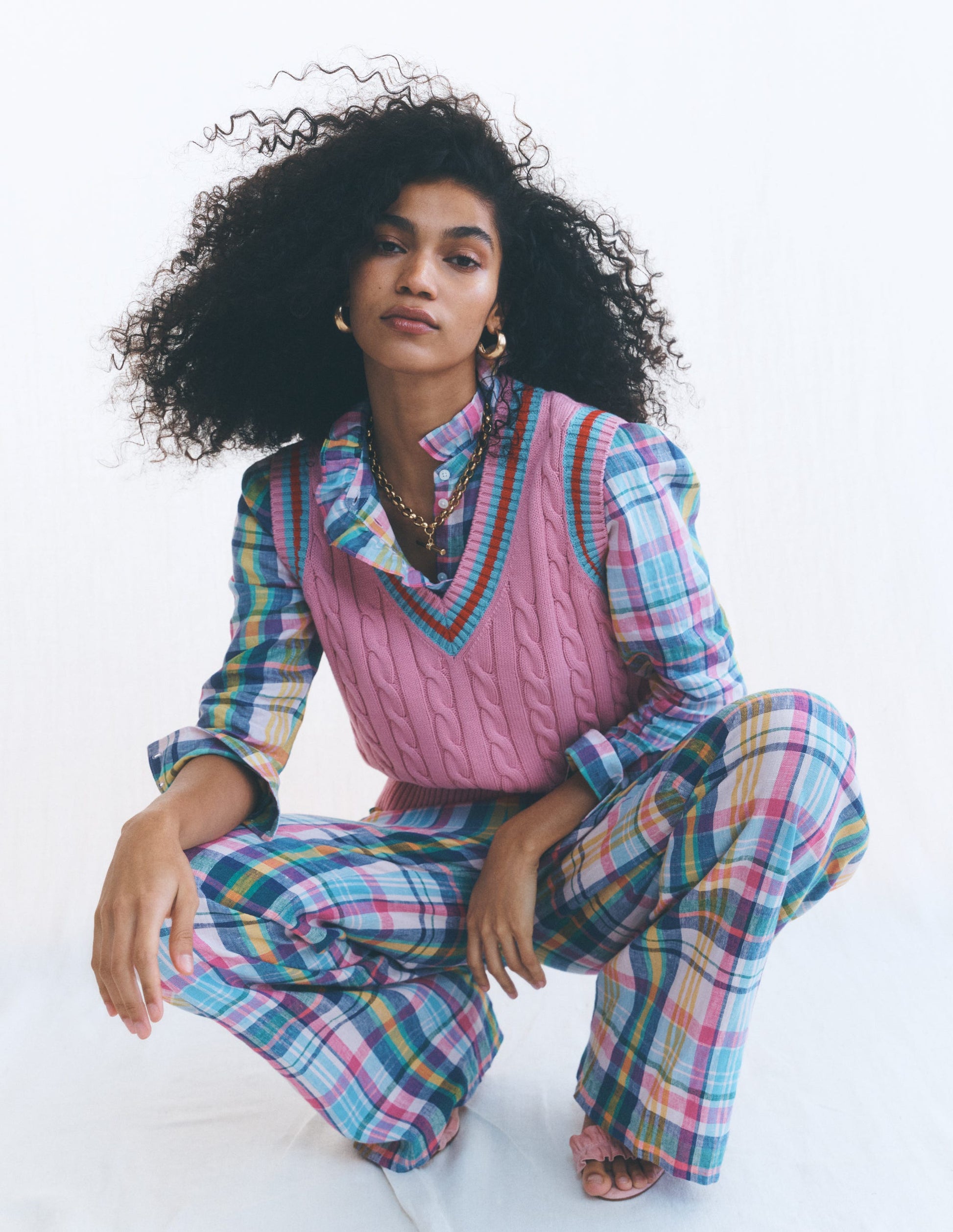 Kensington Leinenhose-Blau, Rosa und Grün Madraskaro-2