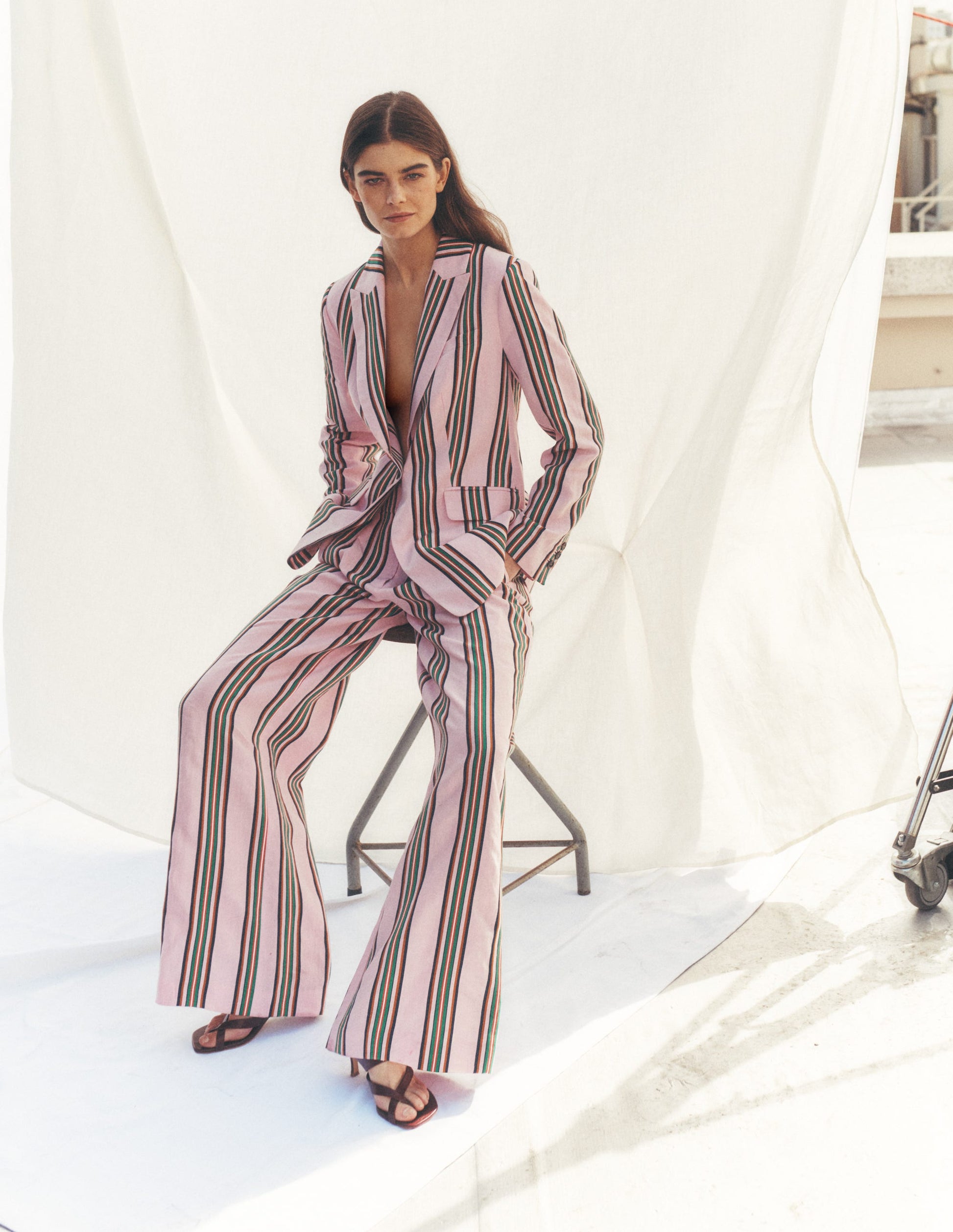 Kensington Leinenhose-Rosa und Grün Streifen-2