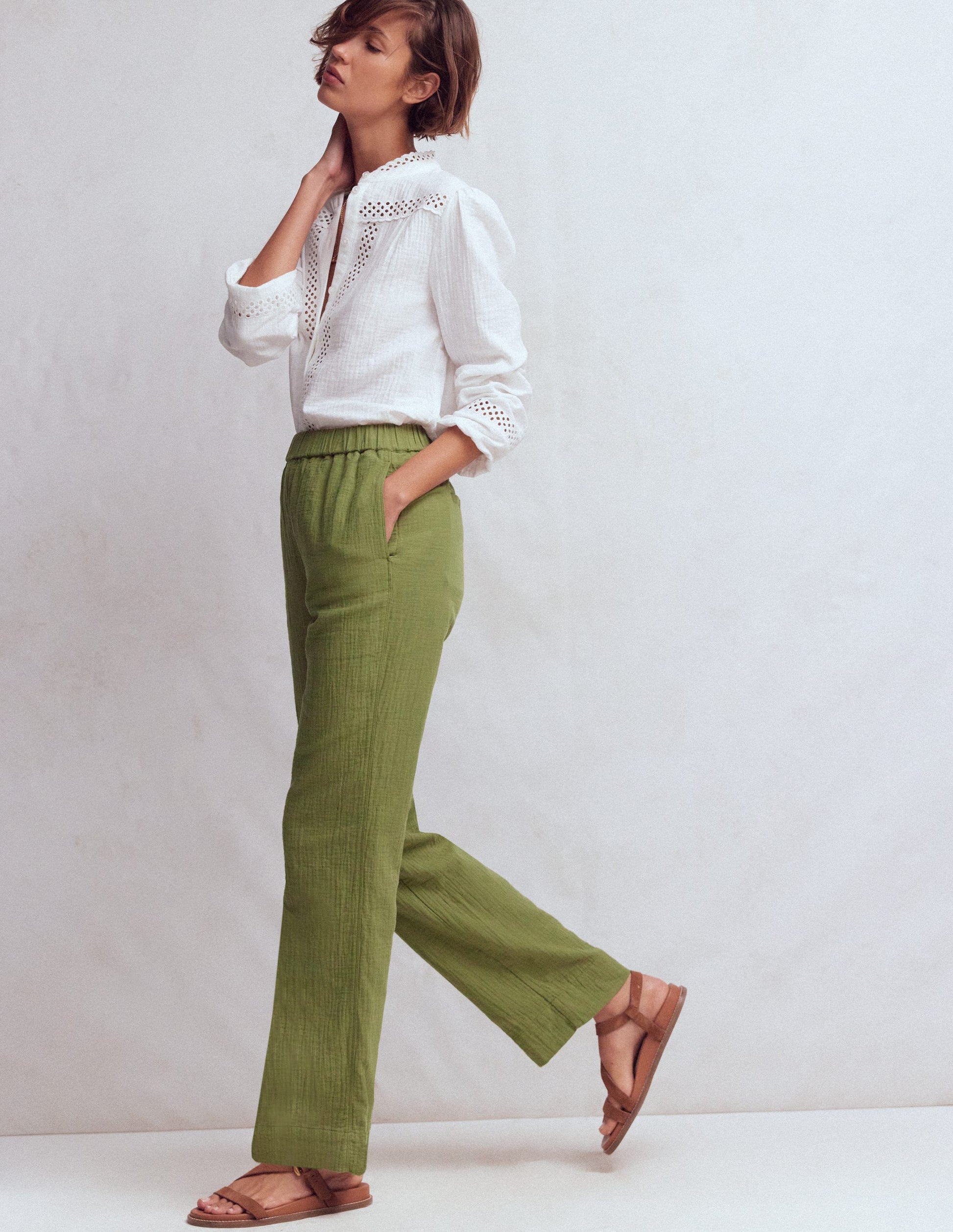 Pantalon double-étoffe à enfiler-Vert Olive-1