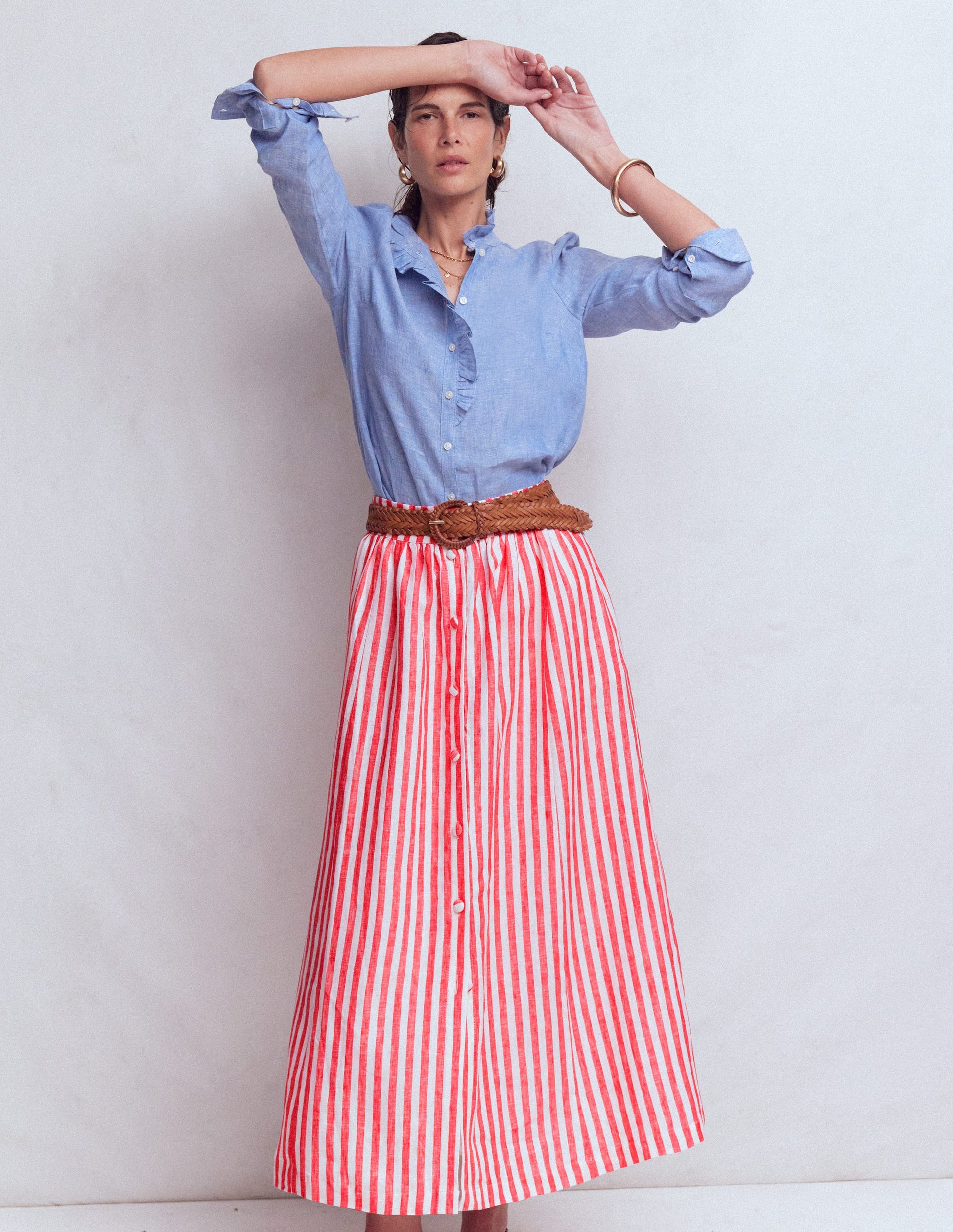 Emma Linen Maxi Skirt-Poppy Red and Ivory Stripe-4