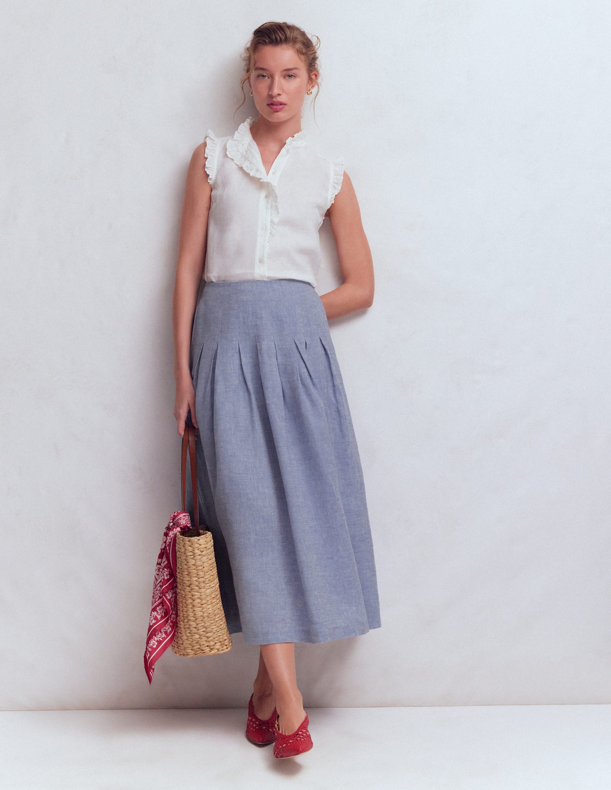 Jupe Valentina en lin-Chambray Bleu-1