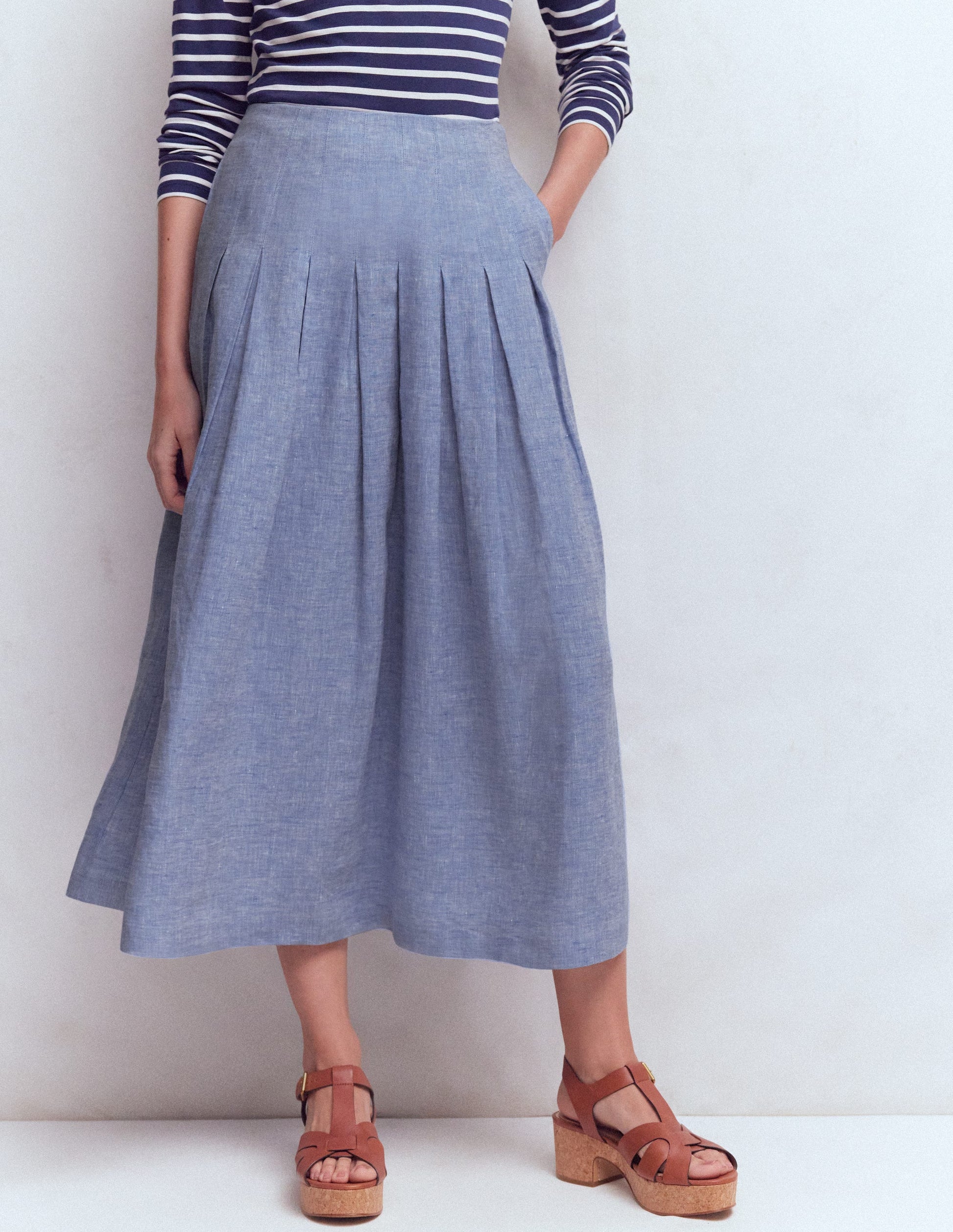 Jupe Valentina en lin-Chambray Bleu-5