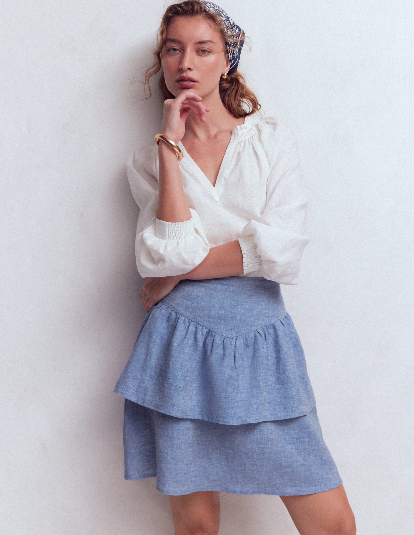 Gestufter Leinenrock-Blauer Faux Uni