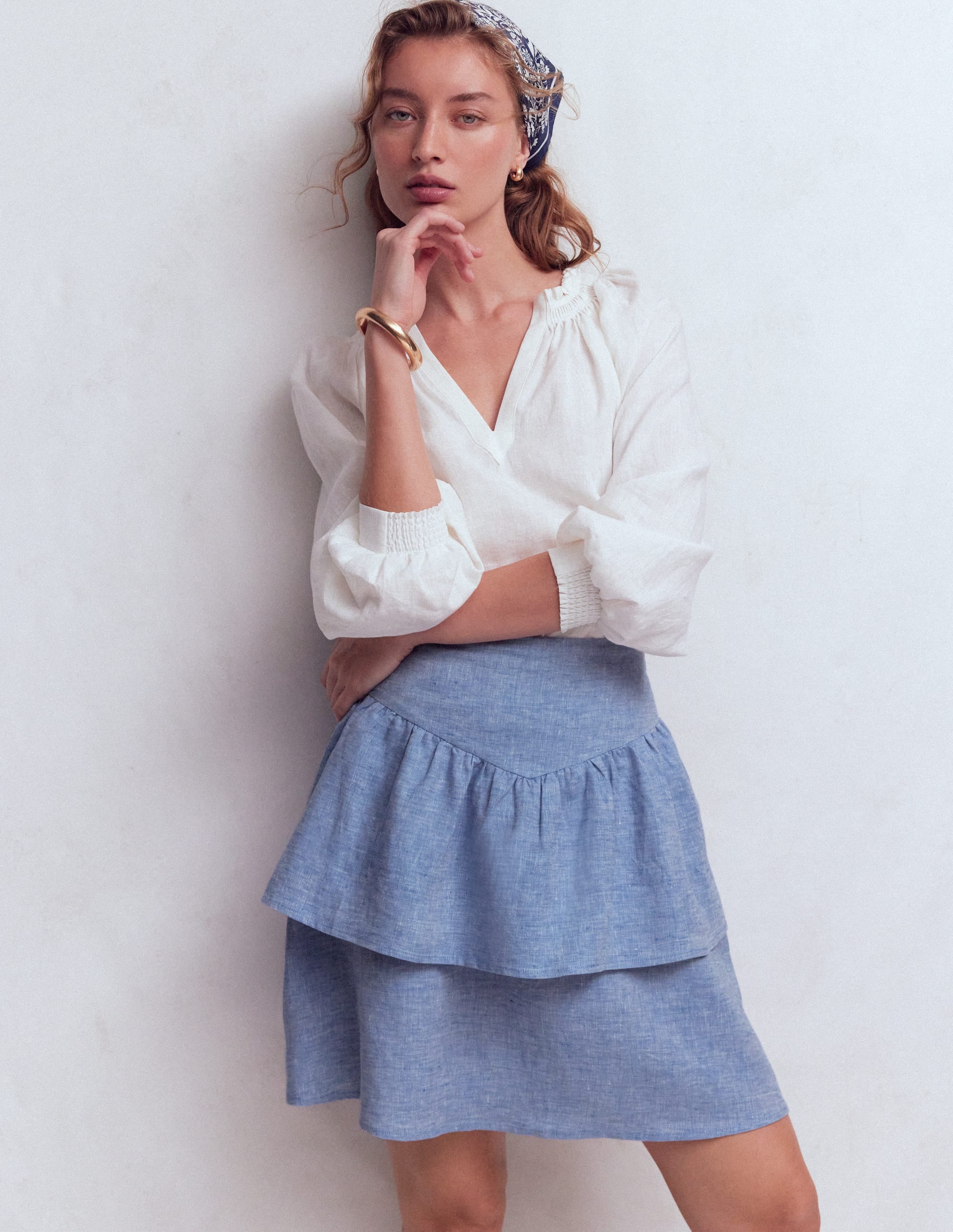 Jupe volantée en lin-Chambray Bleu - Image 1