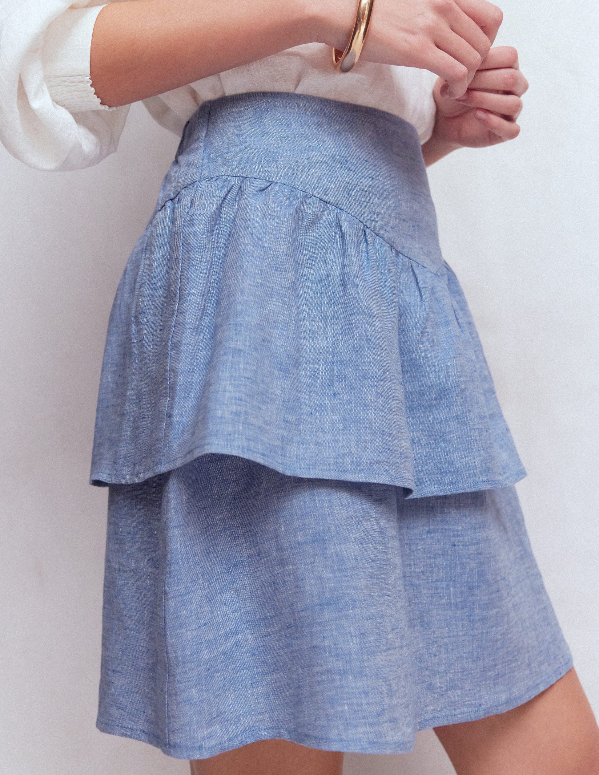 Gestufter Leinenrock-Blauer Faux Uni-2