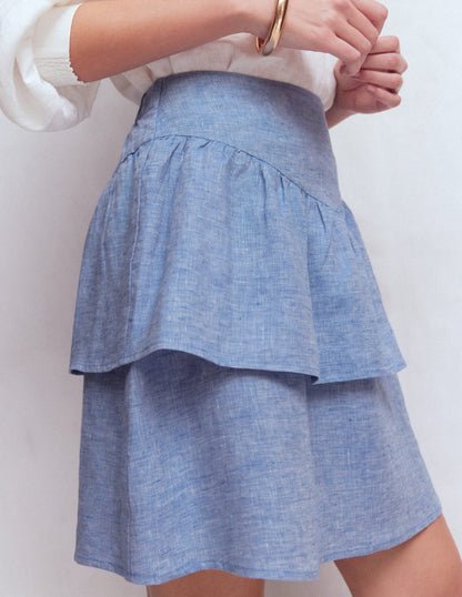 Gestufter Leinenrock-Blauer Faux Uni-2