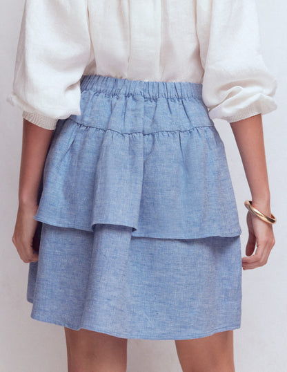 Gestufter Leinenrock-Blauer Faux Uni-3