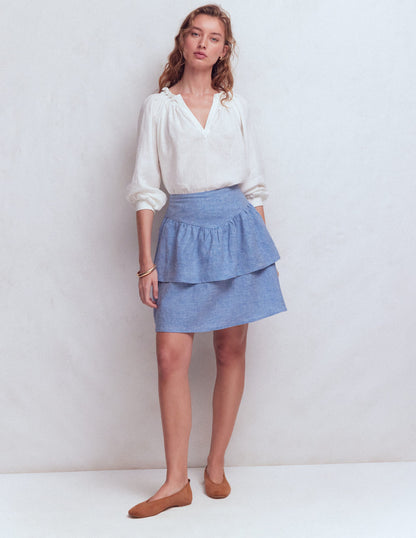 Gestufter Leinenrock-Blauer Faux Uni-6