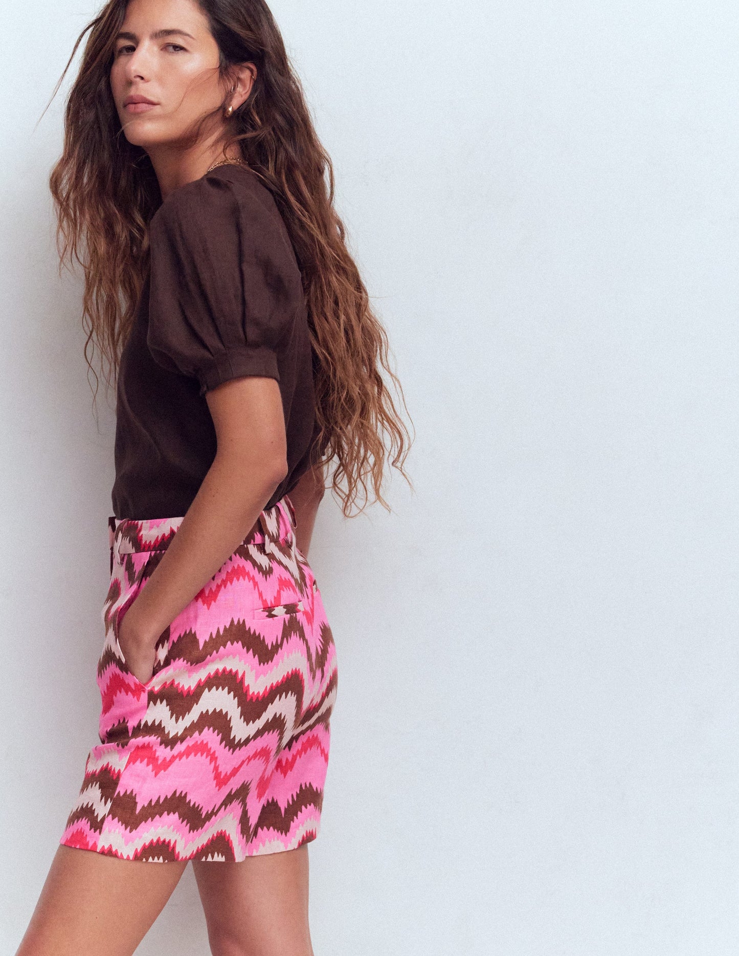 Short Belgravia en lin-Rose puissant, vague zigzag