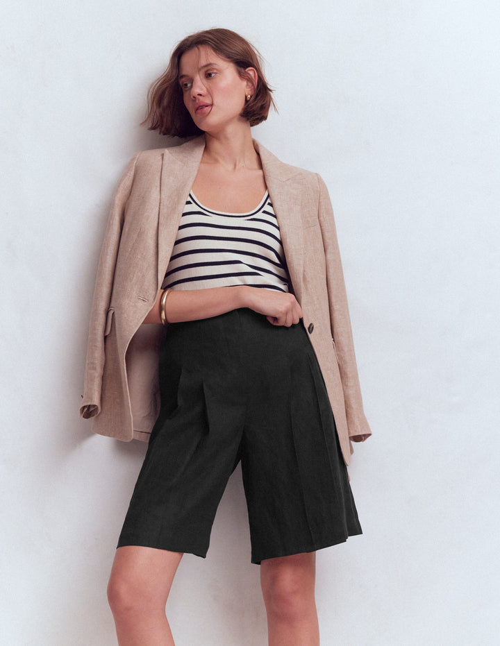 Highbury Leinenshorts mit Faltendetail-Schwarz