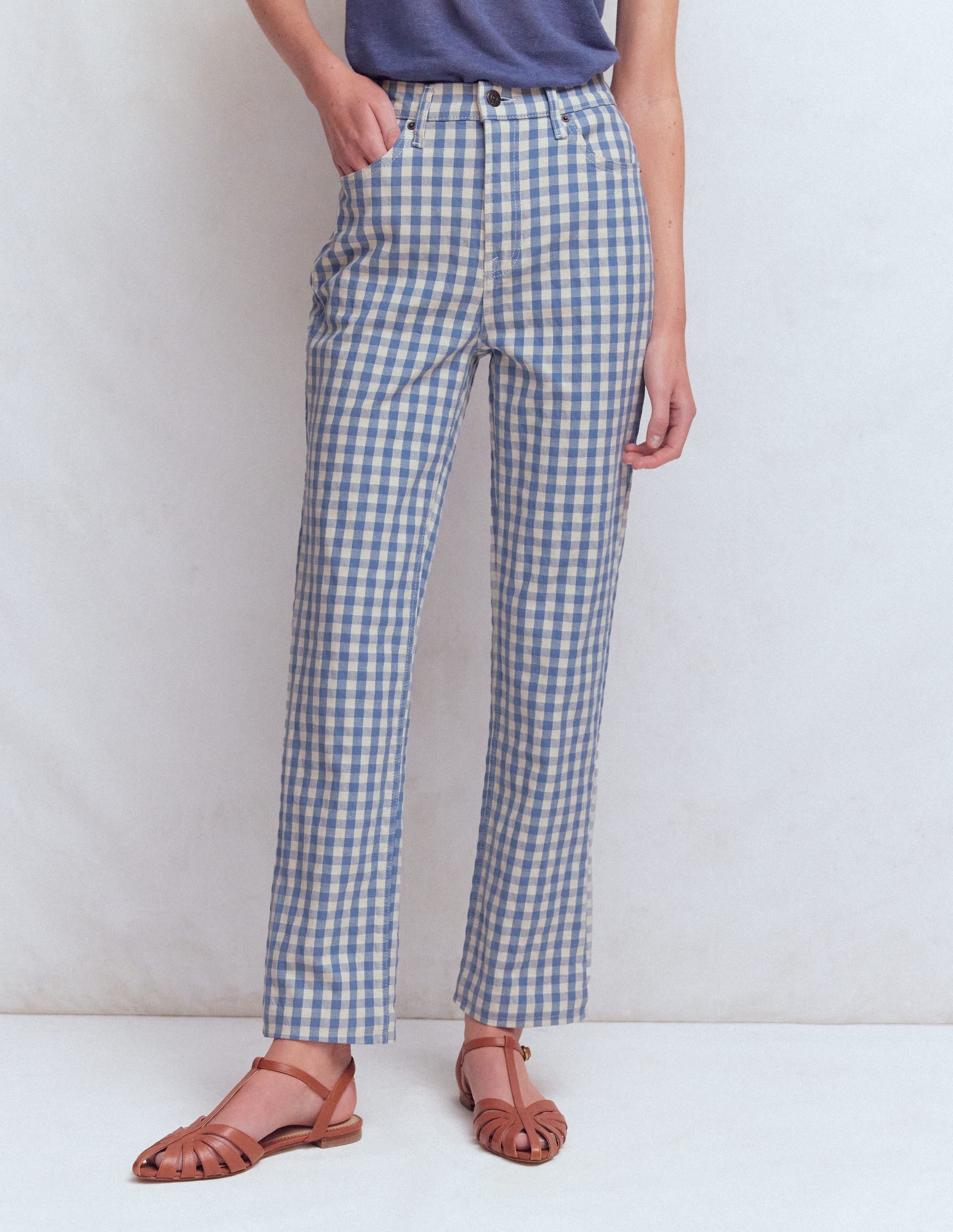 Jeans mit hohem Bund und geradem Bein-Blau Karo - Image 4