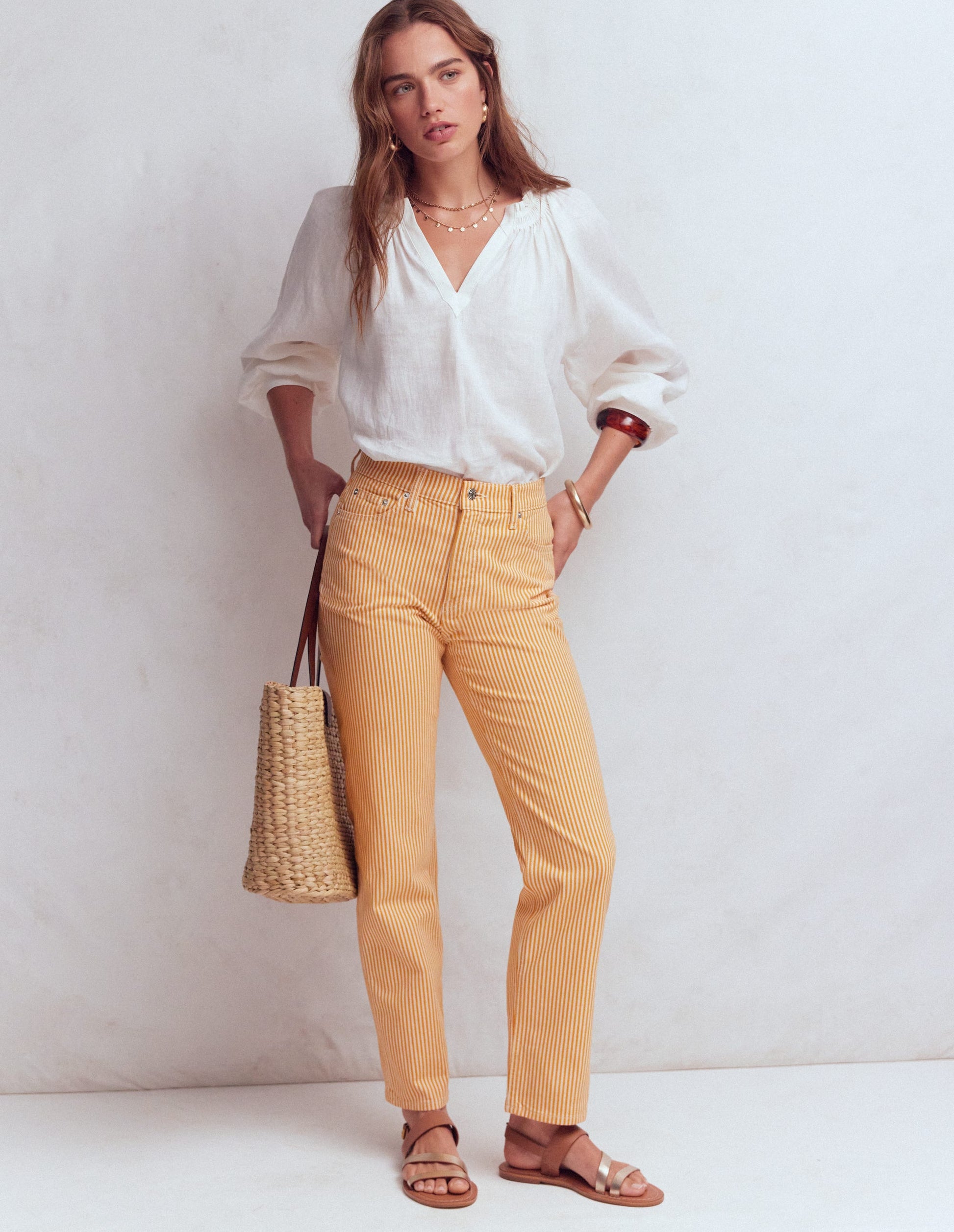 Jean droit à taille haute-Rayé Jaune-1