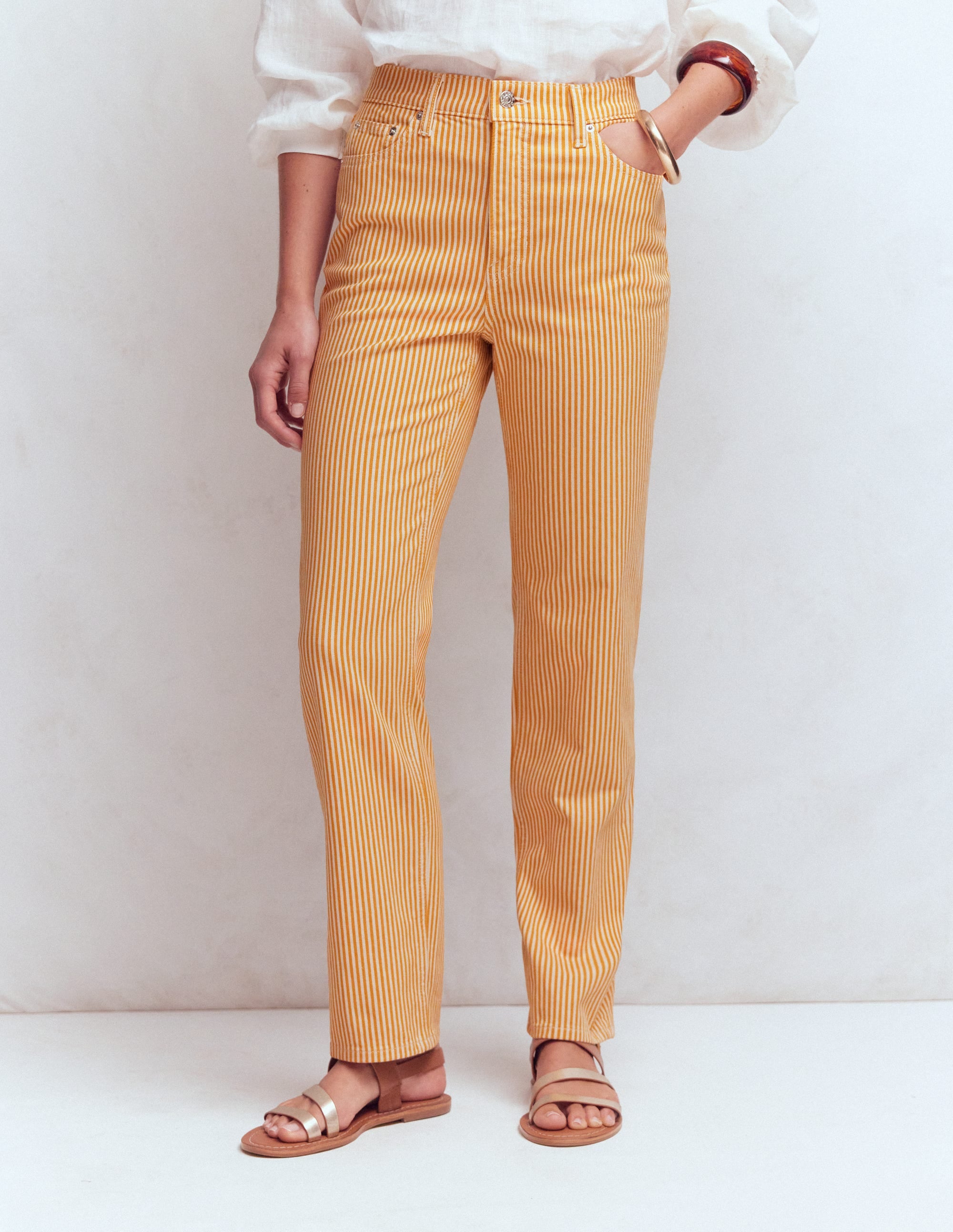 Jean droit à taille haute-Rayé Jaune - Image 4