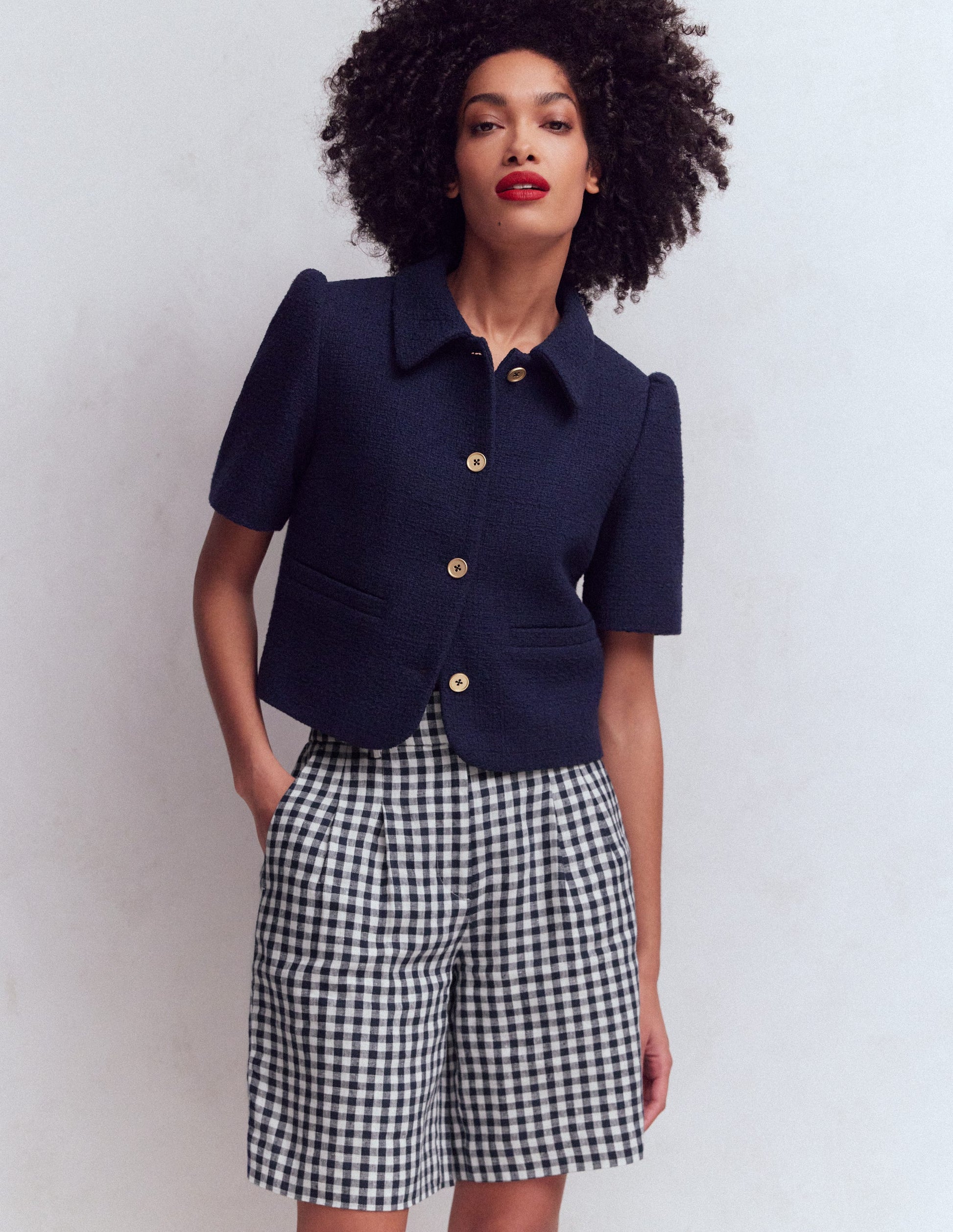 Short Kensington en lin-Vichy bleu marine et ivoire-2