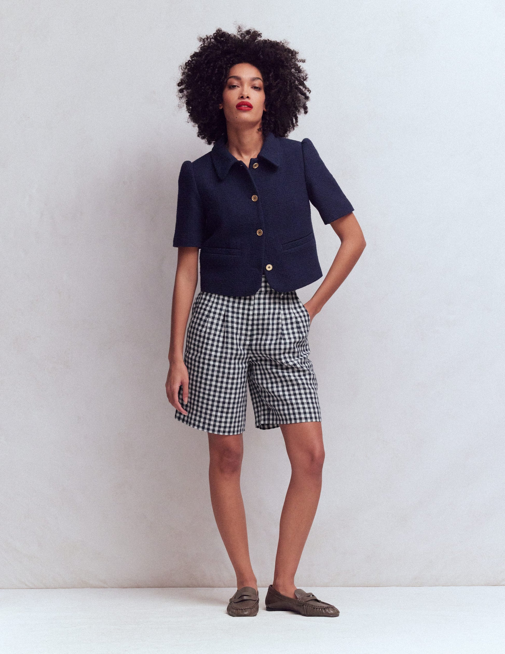 Short Kensington en lin-Vichy bleu marine et ivoire-6