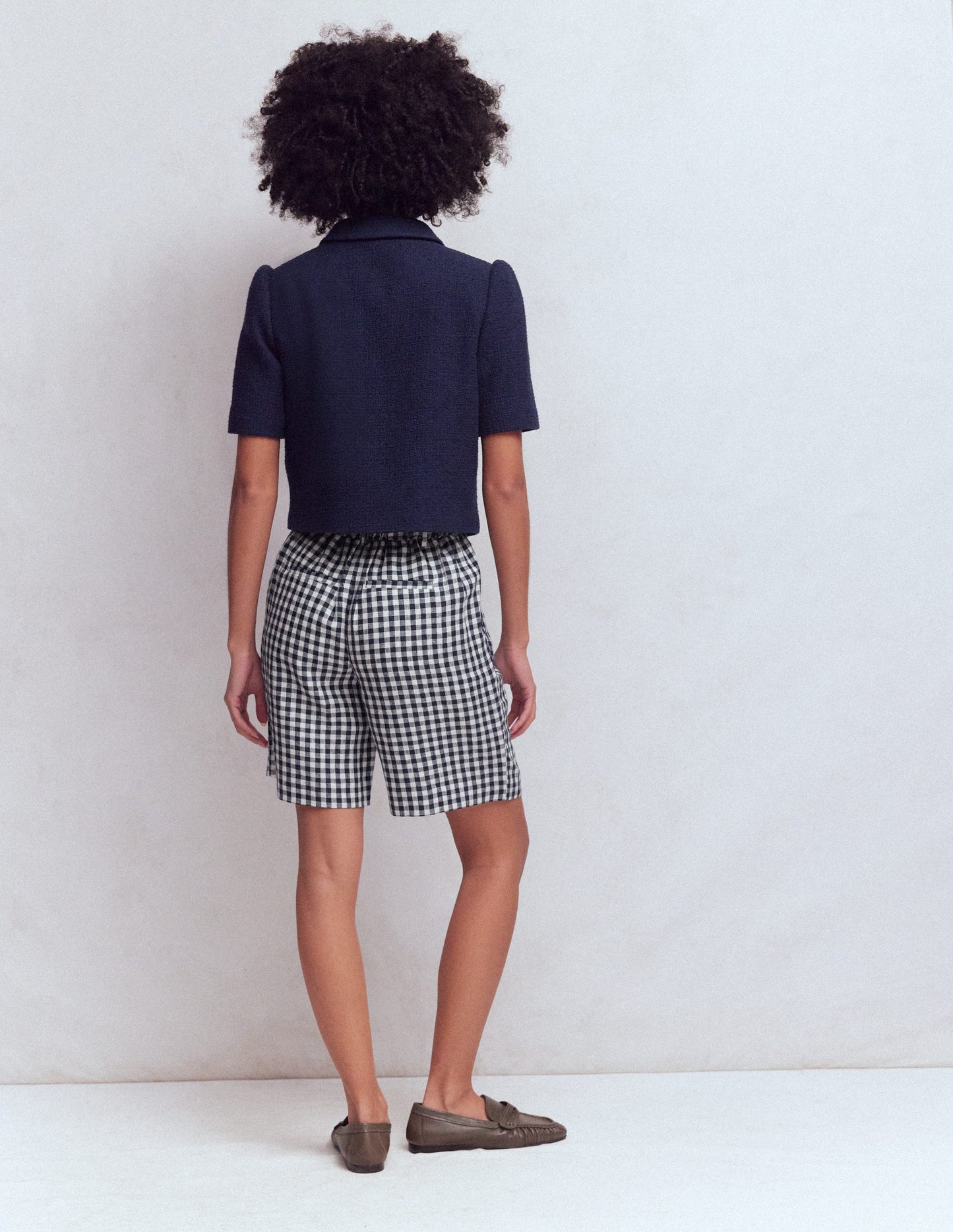 Short Kensington en lin-Vichy bleu marine et ivoire