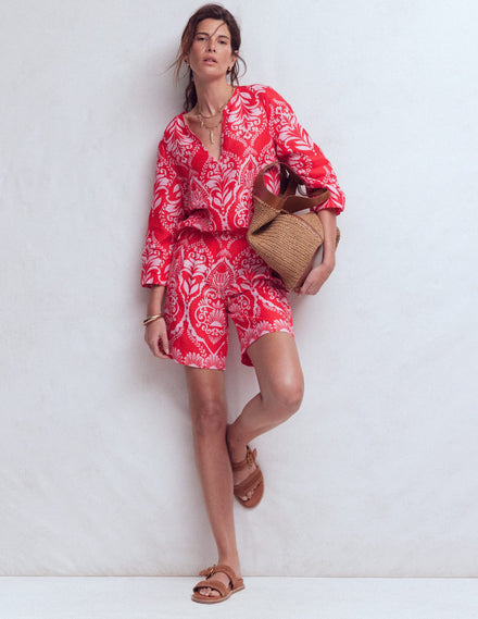 Short Kensington en lin-Rouge coquelicot, motif Ornamental Garden