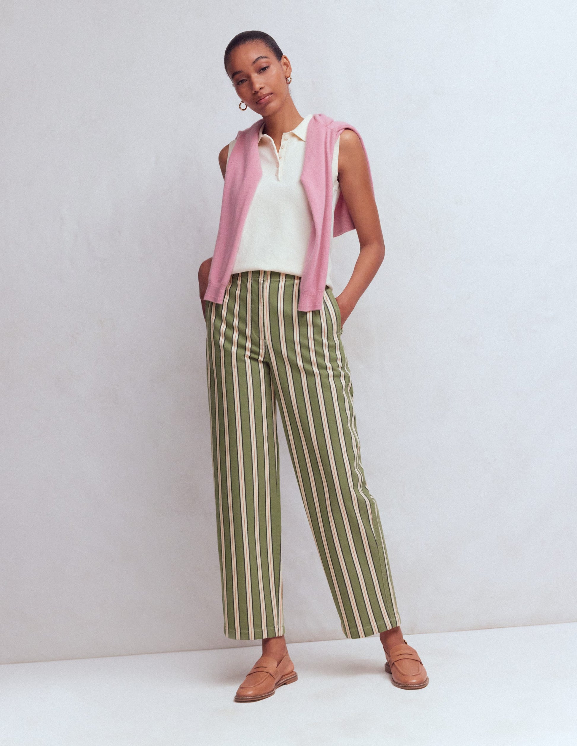 Barrel-Chinohose-Grün, Marineblau, Rosa Streifen-4