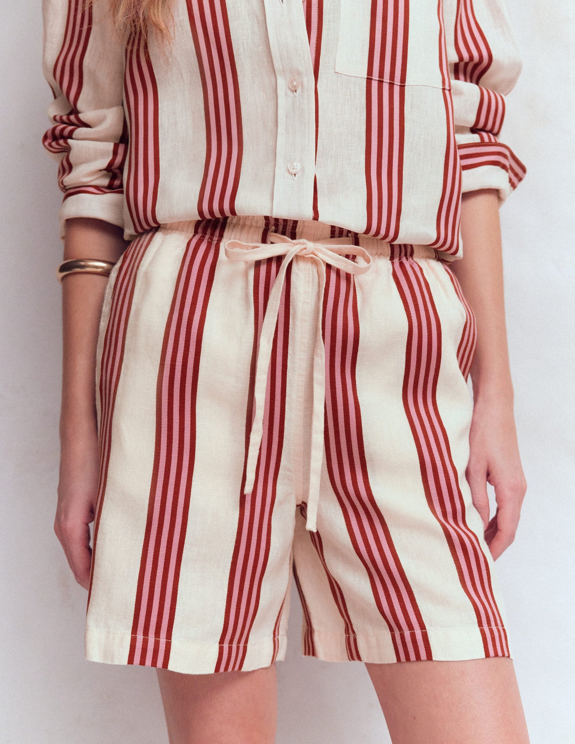 Islington Linen Shorts-Ivory, Brown & Pink Stripe-2