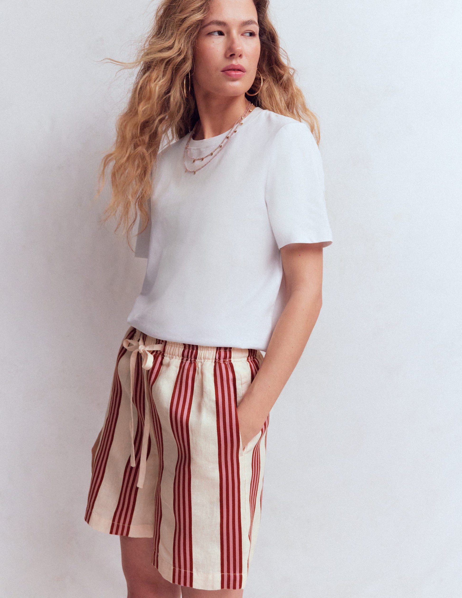 Islington Linen Shorts-Ivory, Brown & Pink Stripe-4
