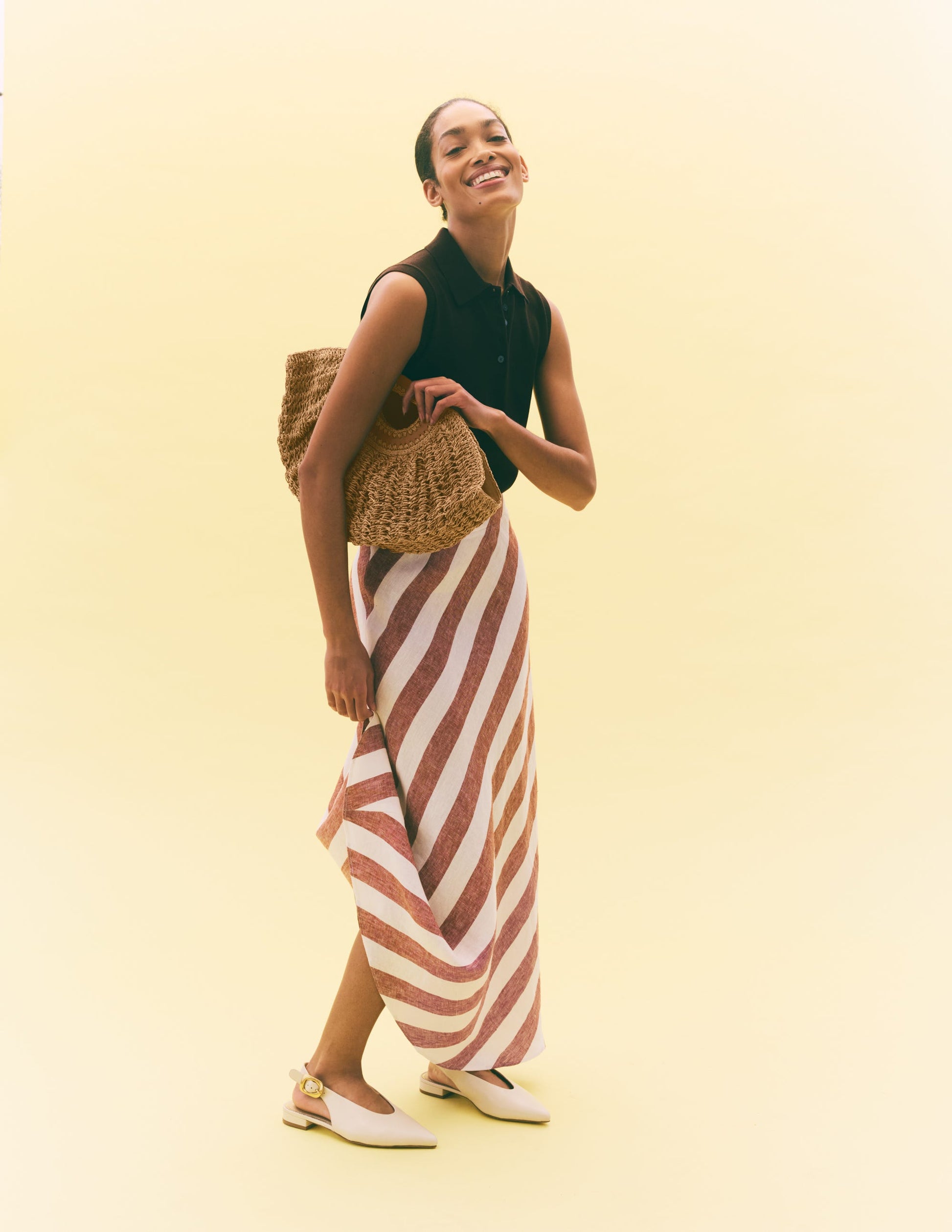 Schräg geschnittener Leinenrock-Braun Diagonale Streifen-1