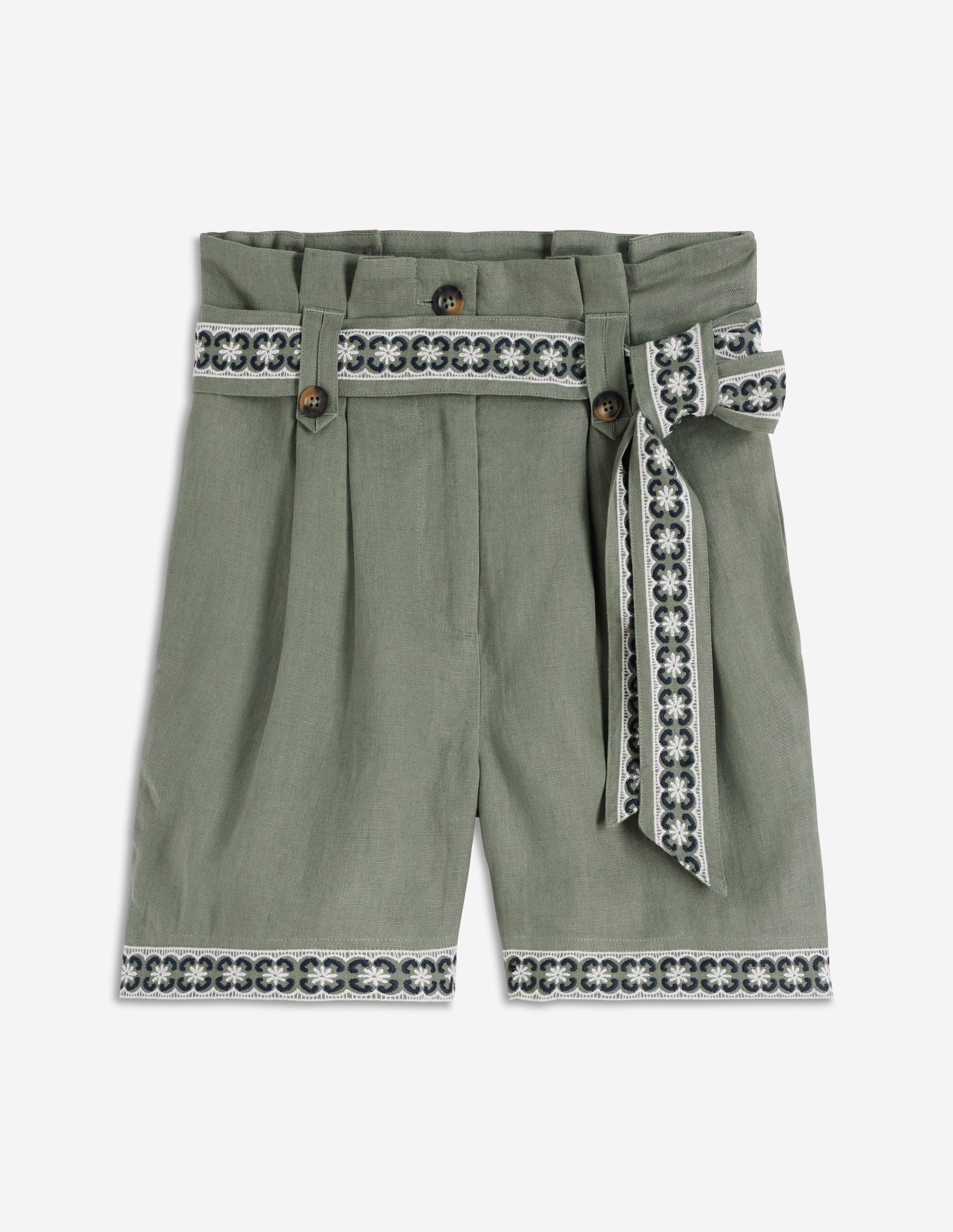 Paperbag-Leinenshorts mit Gürtel-Grün Grau Stickerei - Image 6