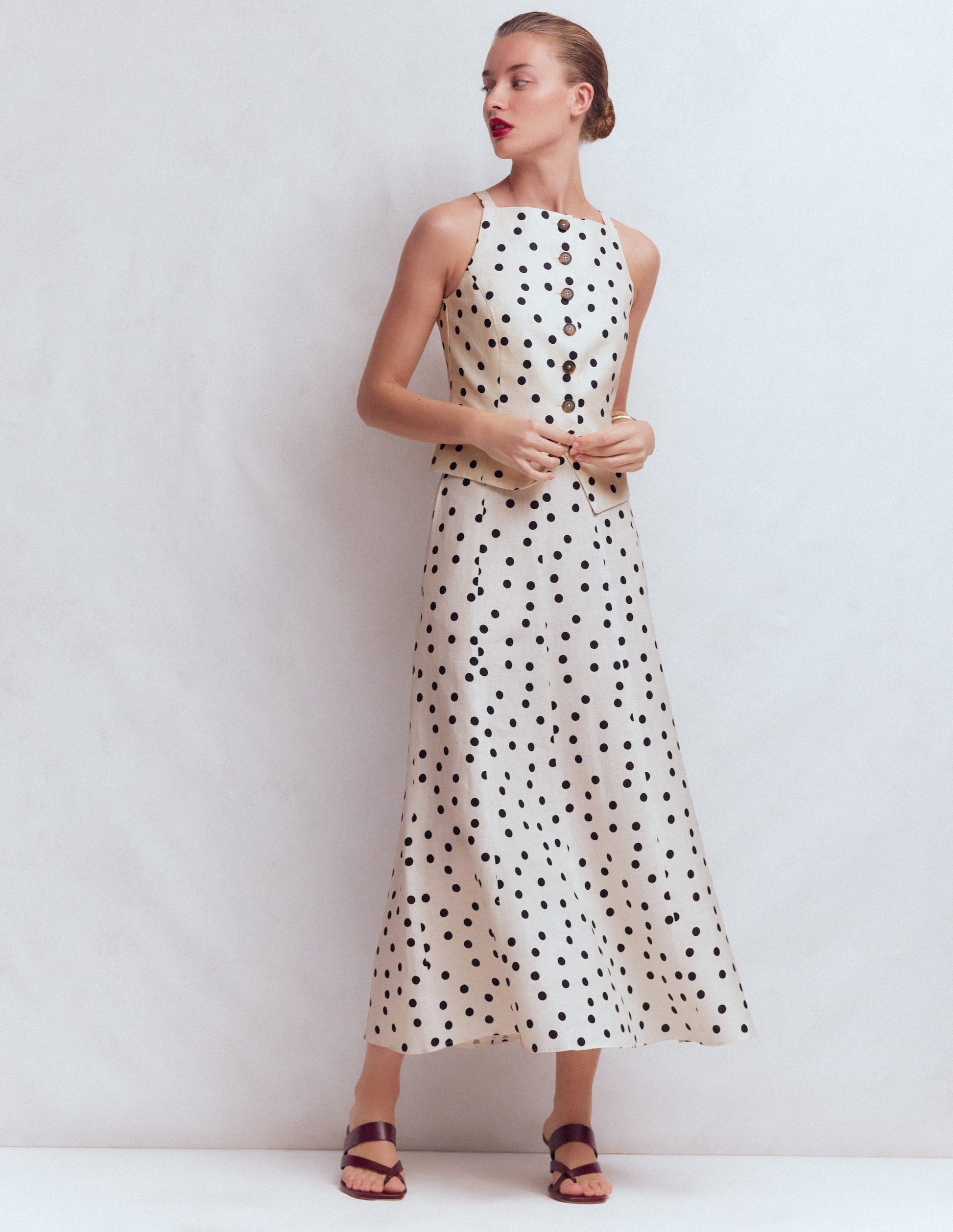 Miriam Linen Maxi Skirt-Ivory, Painted Dot-1