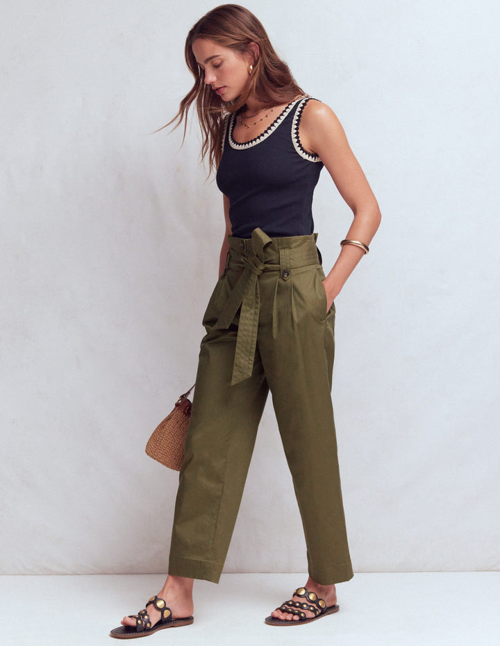Hose mit Paperbag-Bund-Waldgrün