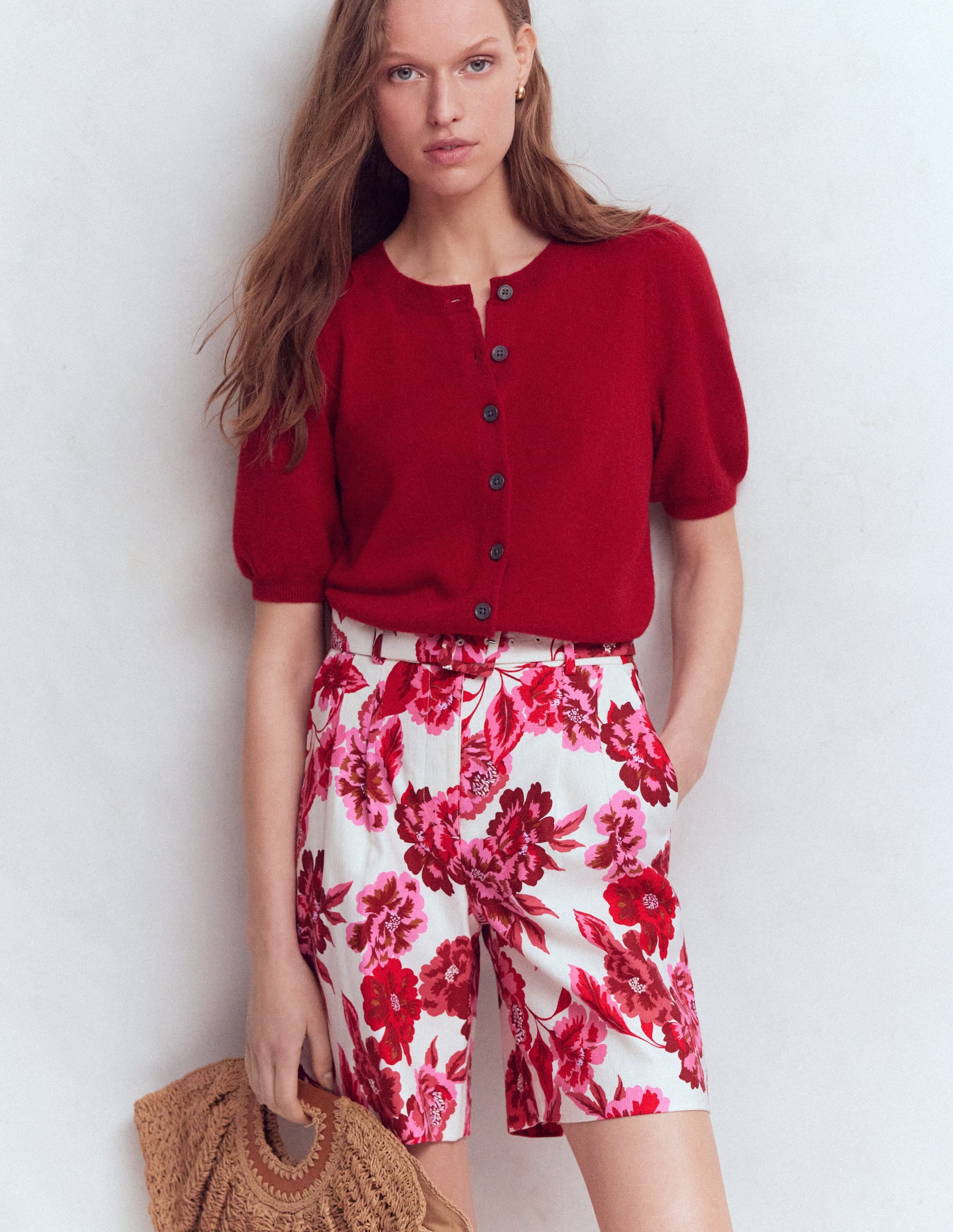 Chelsea Klassisch geschneiderte Shorts mit Gürtel-Sangria Sunset Pink, Blumenmuster - Image 6