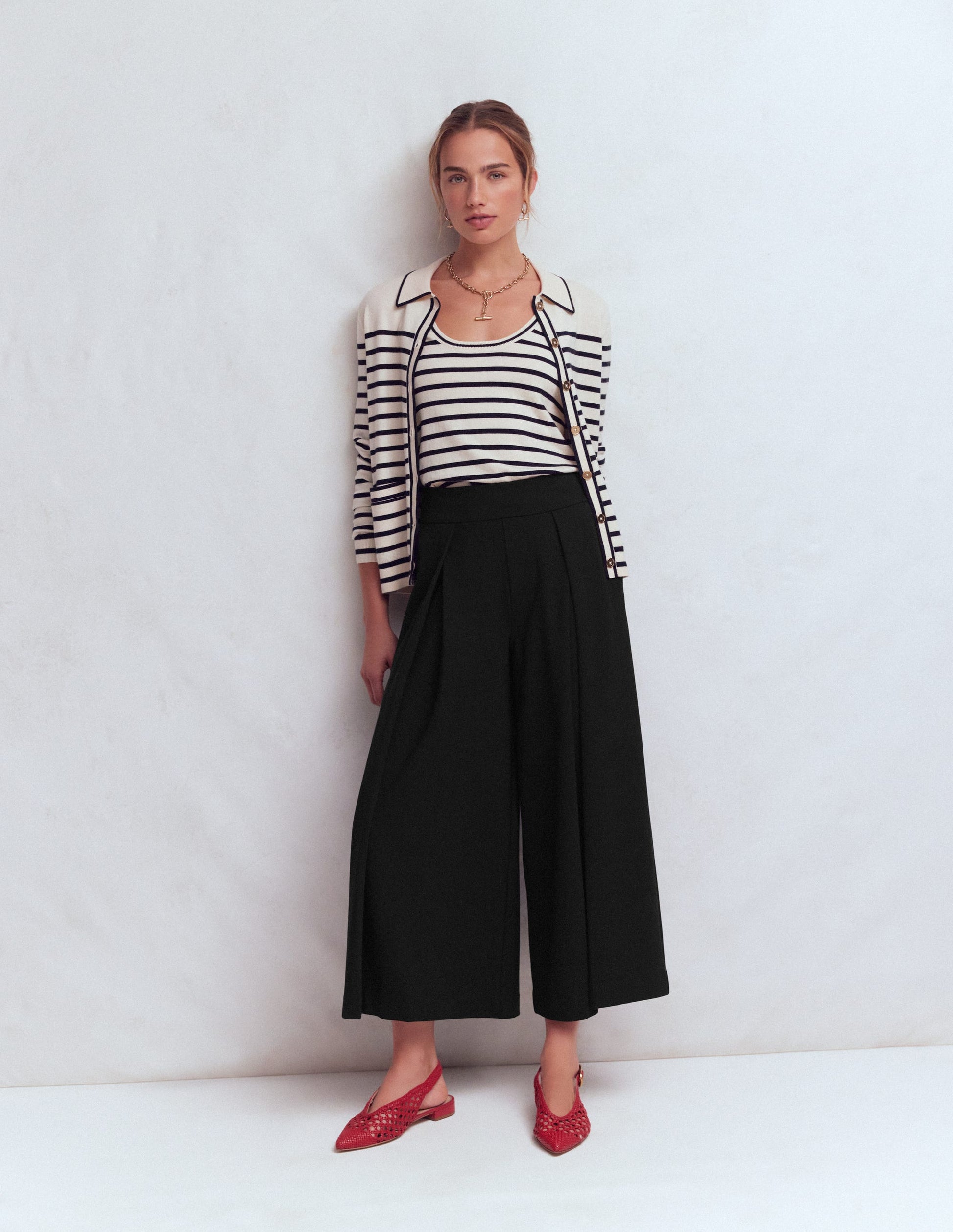 Jupe-culotte à pli en point de Rome-Noir-1