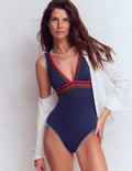 Maillot de bain col V Porto-Bleu marine, broderie
