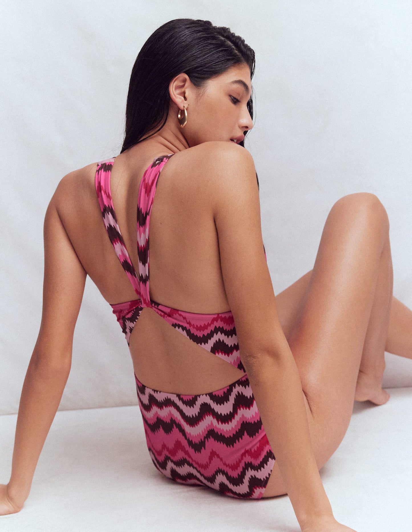 Mykonos Deep V Swimsuit-Pink Punch, Zig Zag Wave