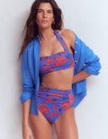 Bas de bikini froncé Kythira-Bleu, motif Elegant Blossom