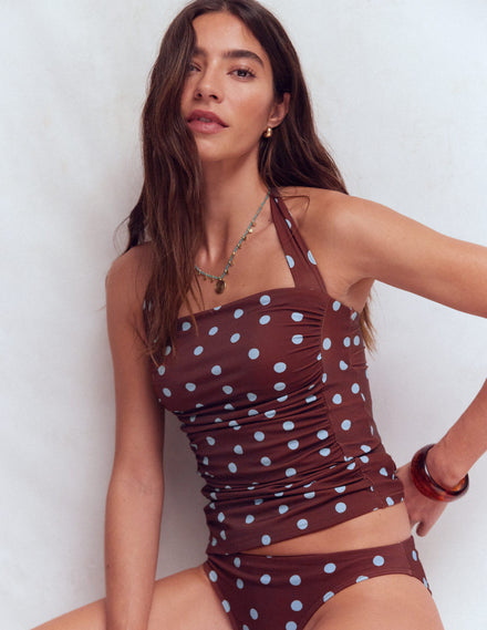 Kythira Ruched Tankini-Chocolate and Blue, Dot
