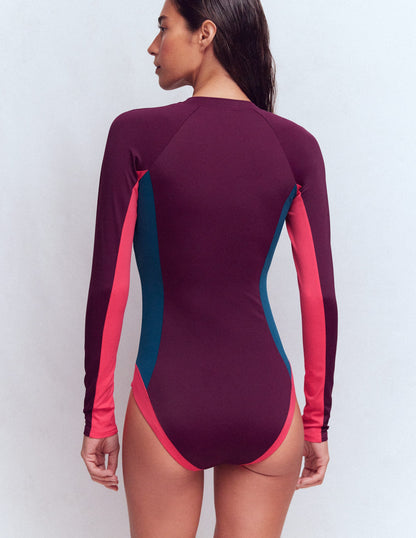 Sporty Raglan Sleeve Swimsuit-Purple. Colourblock-3