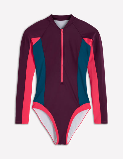 Sporty Raglan Sleeve Swimsuit-Purple. Colourblock-6